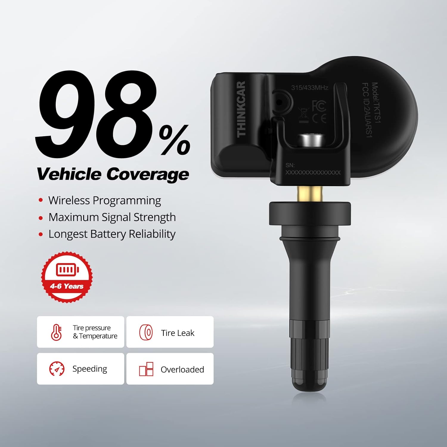 THINKCAR 433+315 MHz Tire Pressure Sensor, THINKTPMS S1 Screw-in Rubber Stem OE-Level Sensor for All Cars, Replace 98% OEM Tire Sensors, for THINKTPMS G1,THINKTOOL Mini, PD8, PRO