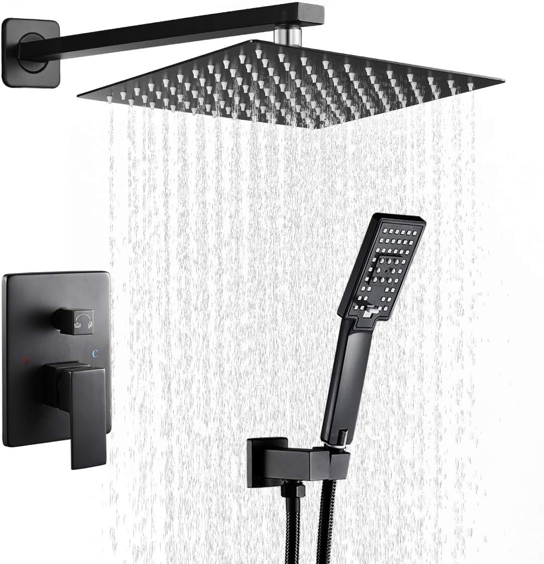 ROVATE Matte Black Shower Faucet Set Wall Mount, Bathroom Rain Mixer Shower Combo Set, Shower System with 10 Inch Rainfall Shower Head and 3-mode Handheld (Rough-in Valve Body and Trim Included)