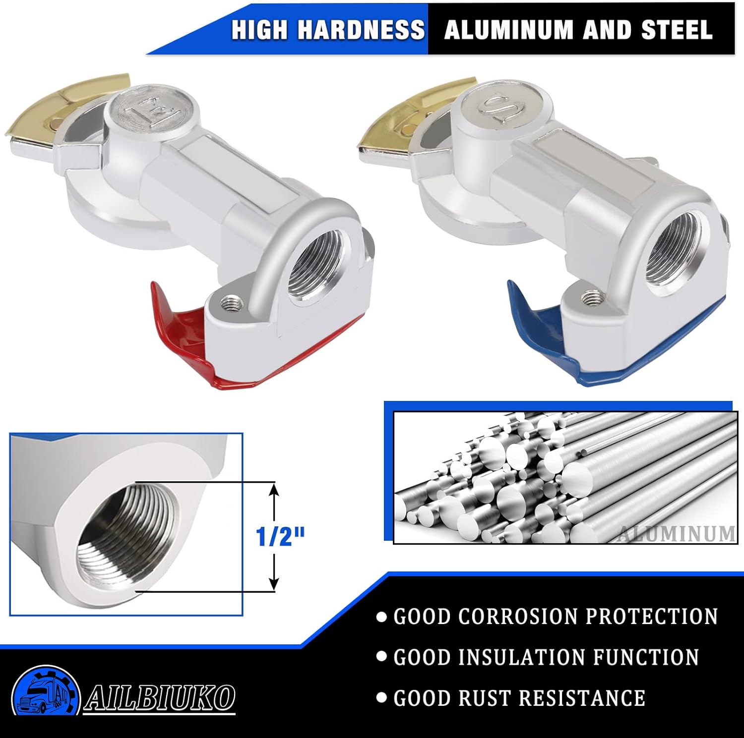 Ailbiuko Universal Glad Hand With Gladhand Seals, Aluminum Glad Hand Emergency Air Hose Brake Coupling Handshake Kit for Semi Trucks Trailers Tractors，3pc Red 3pc Blue