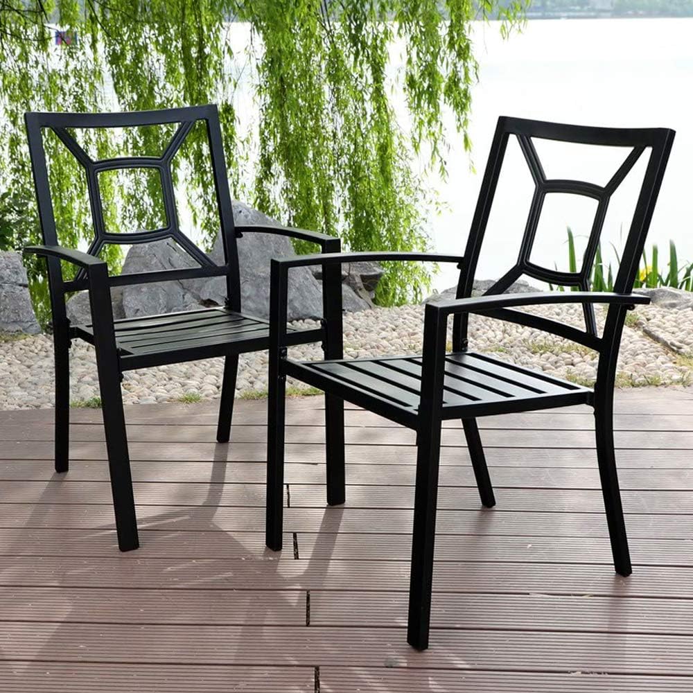PHI VILLA Patio Metal Dining Chair Set of 2, Stackable Steel Arm Chairs for Outdoor, Deck, Yard - Black