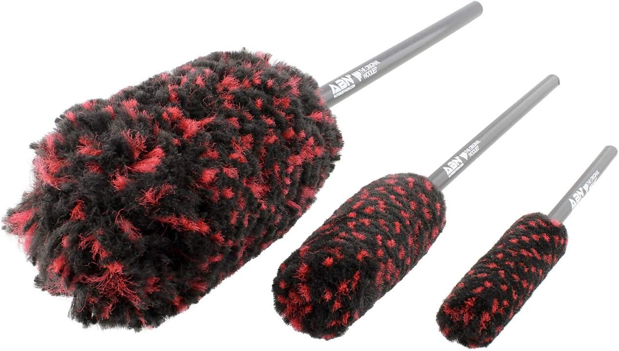 ABN Car Wheel Rim Cleaning 3-Piece Kit – Original Wheel Woolies Brush Stick Tool Tire Woolie Wooly Wand Set (3 Brushes) Pack of 2