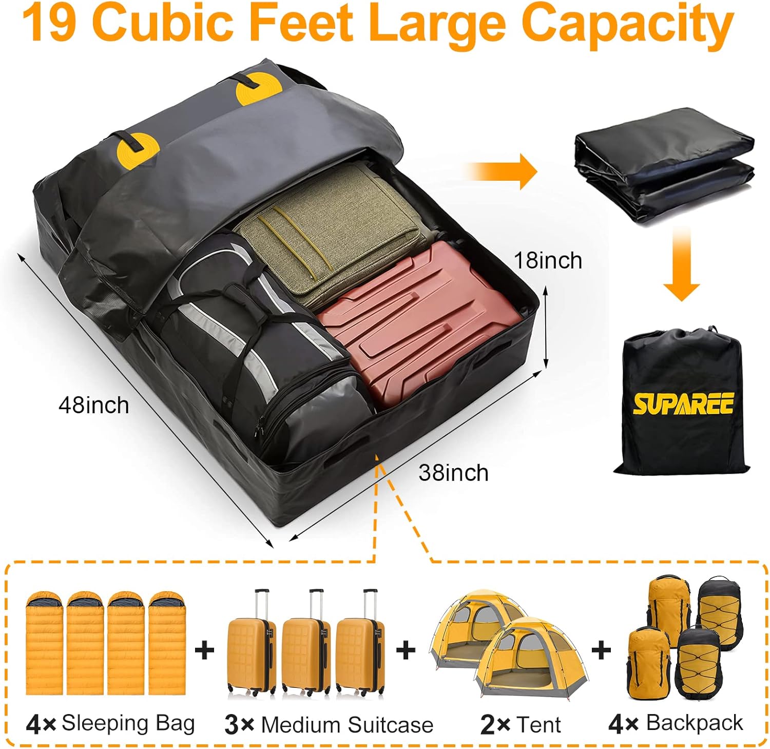 Rooftop Cargo Carrier Bag - SUPAREE 19 Cubic ft car Car Roof Bag Waterproof Car Top Carrier Roof Bag Fits All Vehicle with/ Without Rack- Car Cargo Carrier Roof Includes Car Doorstep, Mat, Door Hooks