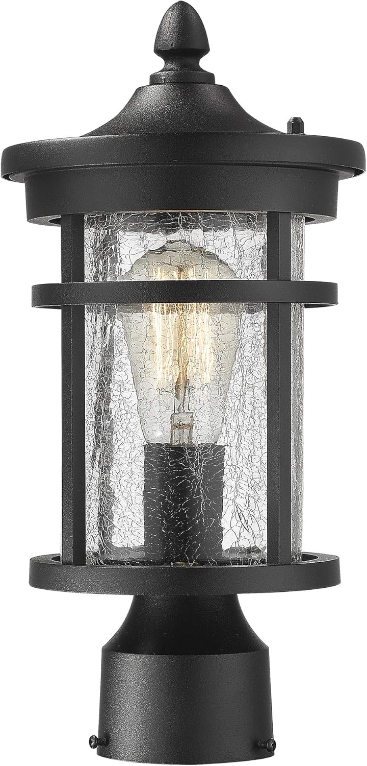 Emliviar 1-Light Outdoor Post Lantern, Exterior Post Light Fixture in Black Finish with Crackle Glass, A208510P1