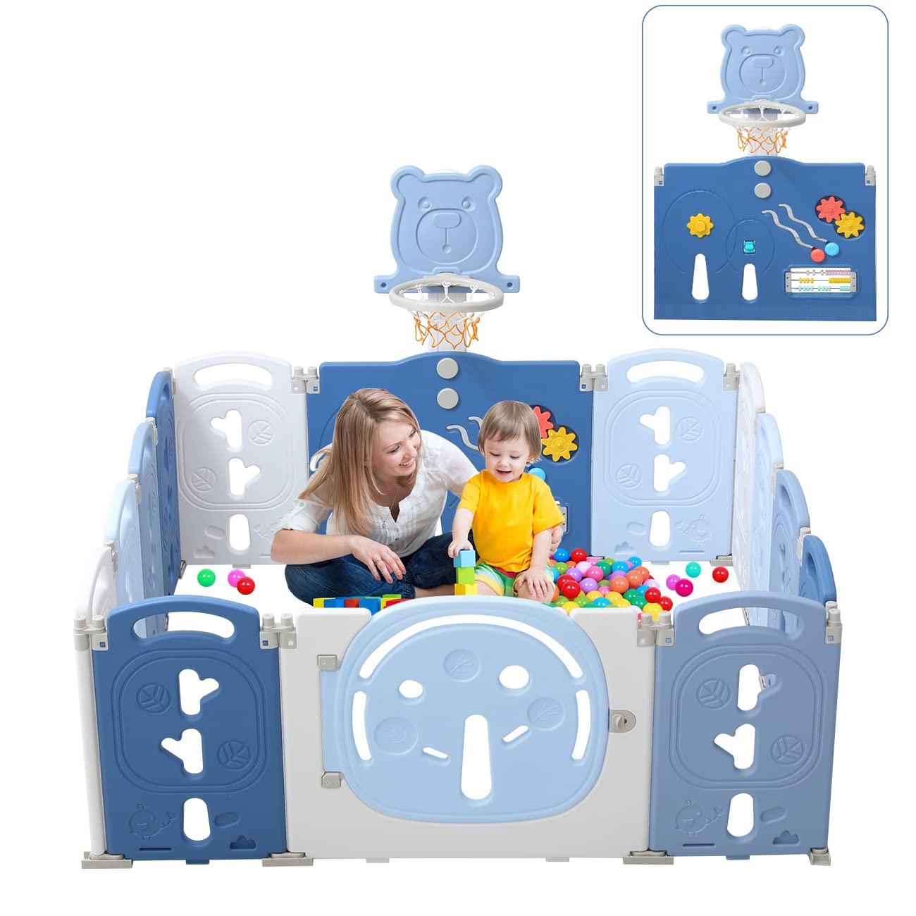 Yoleo Playpen for Babies and Toddlers Foldable Fences with Basketball Hoop Portable Play Yard Crawling Kids Activity Area Blue Themed 14 Panels