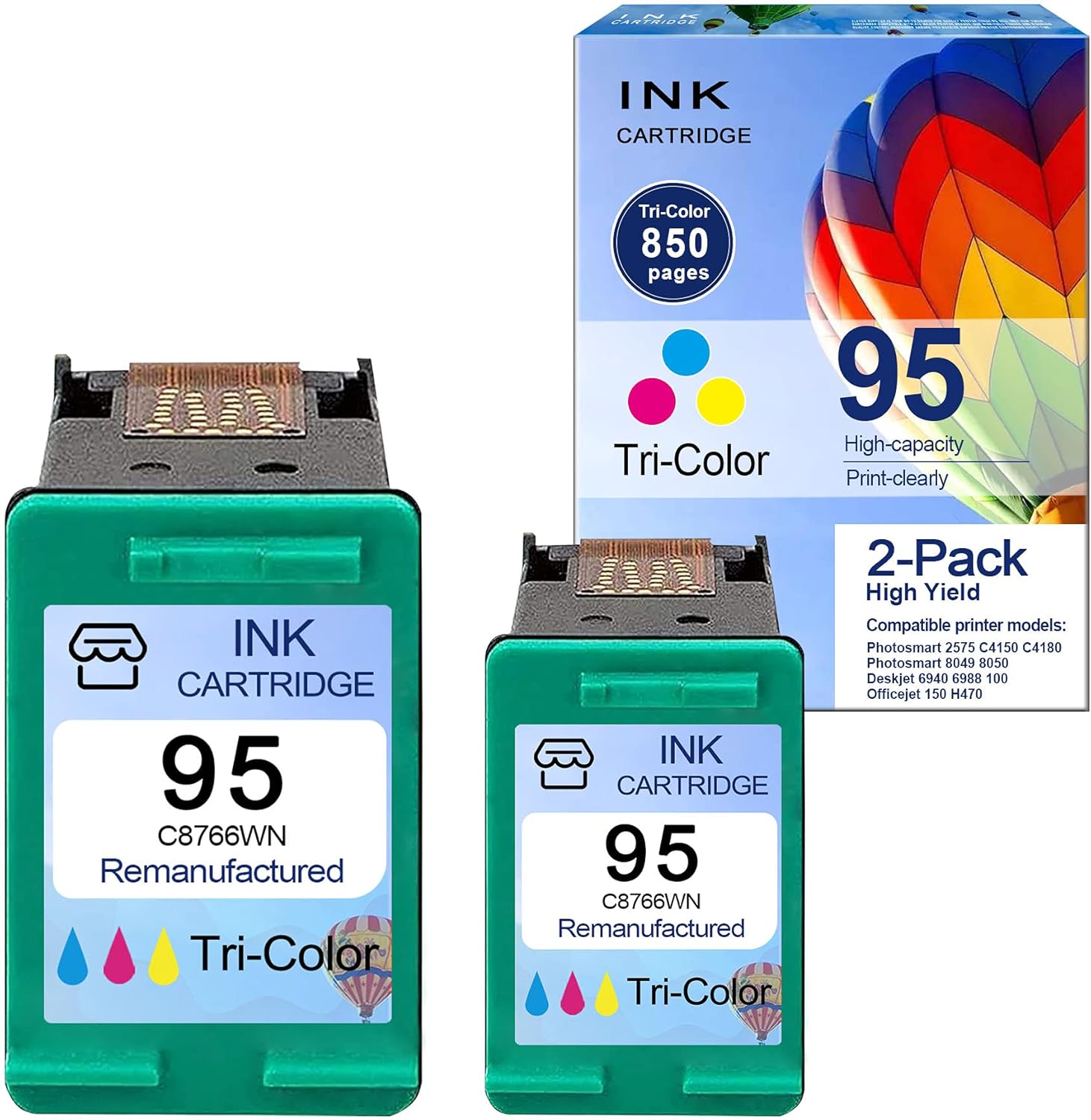 (Tri-Color,2 Pack) Remanufactured 95 | C8766WN Compatible Ink Cartridge Replacement for HP Deskjet 6940 6988 Officejet 100 150 H470 Photosmart 2575 C4150 C4180 8049 8050 Ink Cartridge Printer Pack of 2