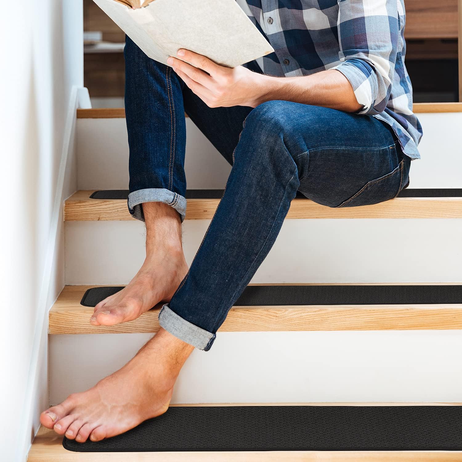 House, Home and More Set of 12 Skid-Resistant Carpet Stair Treads - Black - 8 Inches X 23.5 Inches