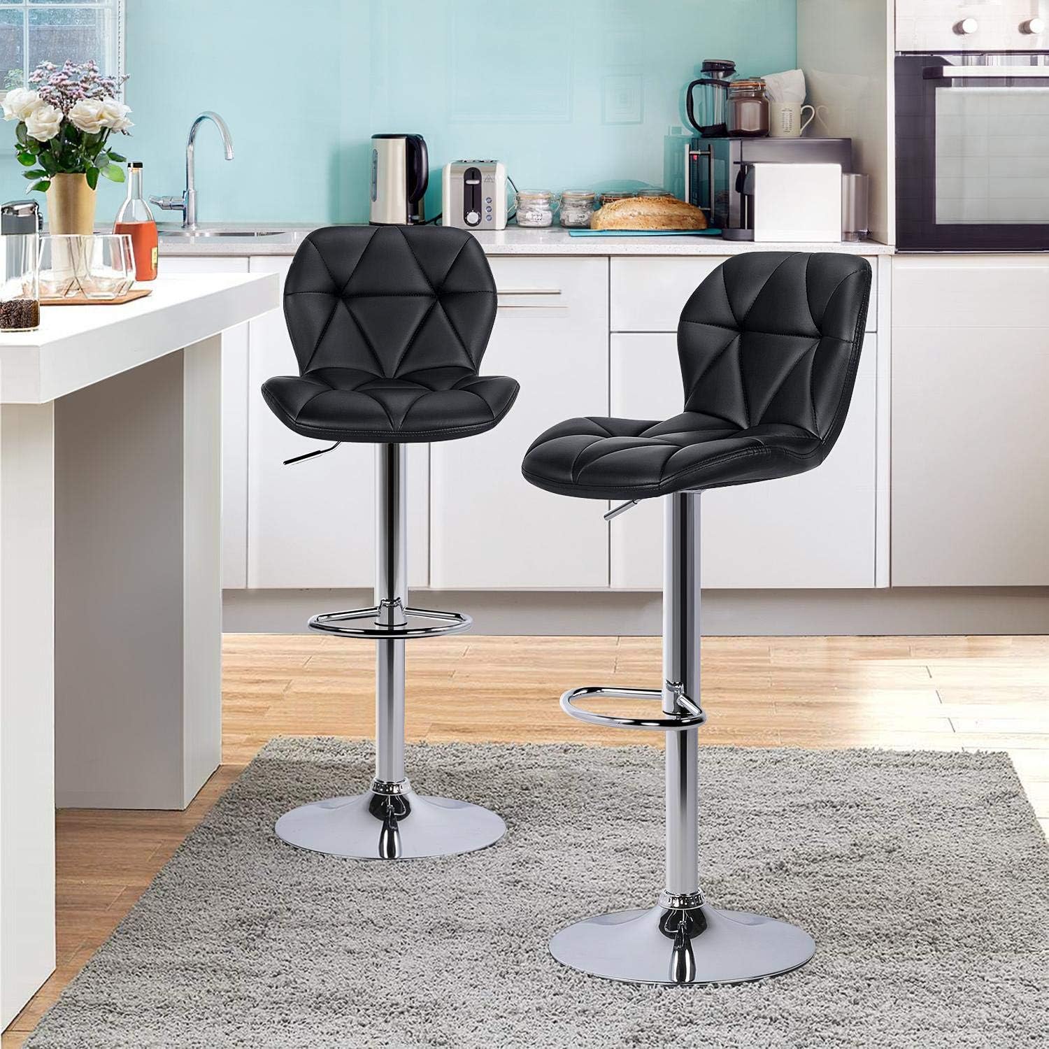 Yaheetech 2pcs Bar Stools Adjustable PU Leather 360&deg; Swivel Bar Chairs with Backrest Counter Height Bar Stools Home Kitchen Breakfast Chairs Black