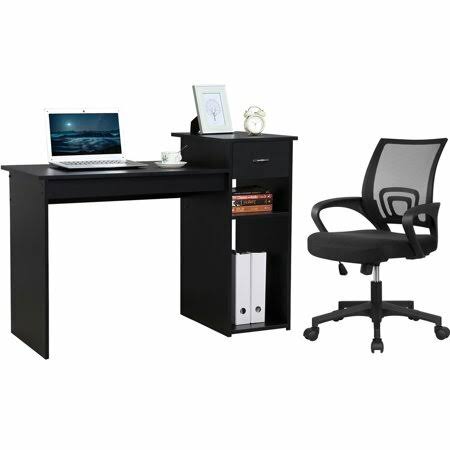 Easyfashion Computer Desk with Drawer u0026 Shelves with Ergonomic Mesh Height Adjustable Office Chair, Black
