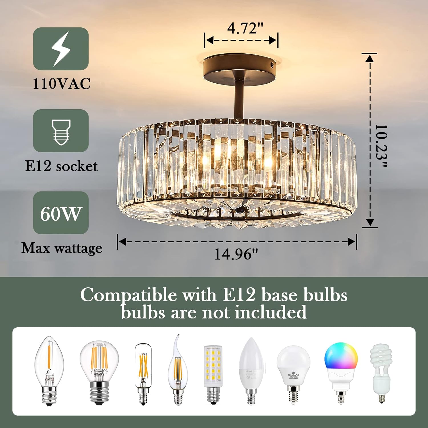DAFKOS 4 Lights Modern Crystal Chandelier,Black Round Semi Flush Mount Ceiling Light Fixture,Farmhouse Chandelier for Dinning Room Living Room Bedroom Hallway Entryway Kitchen