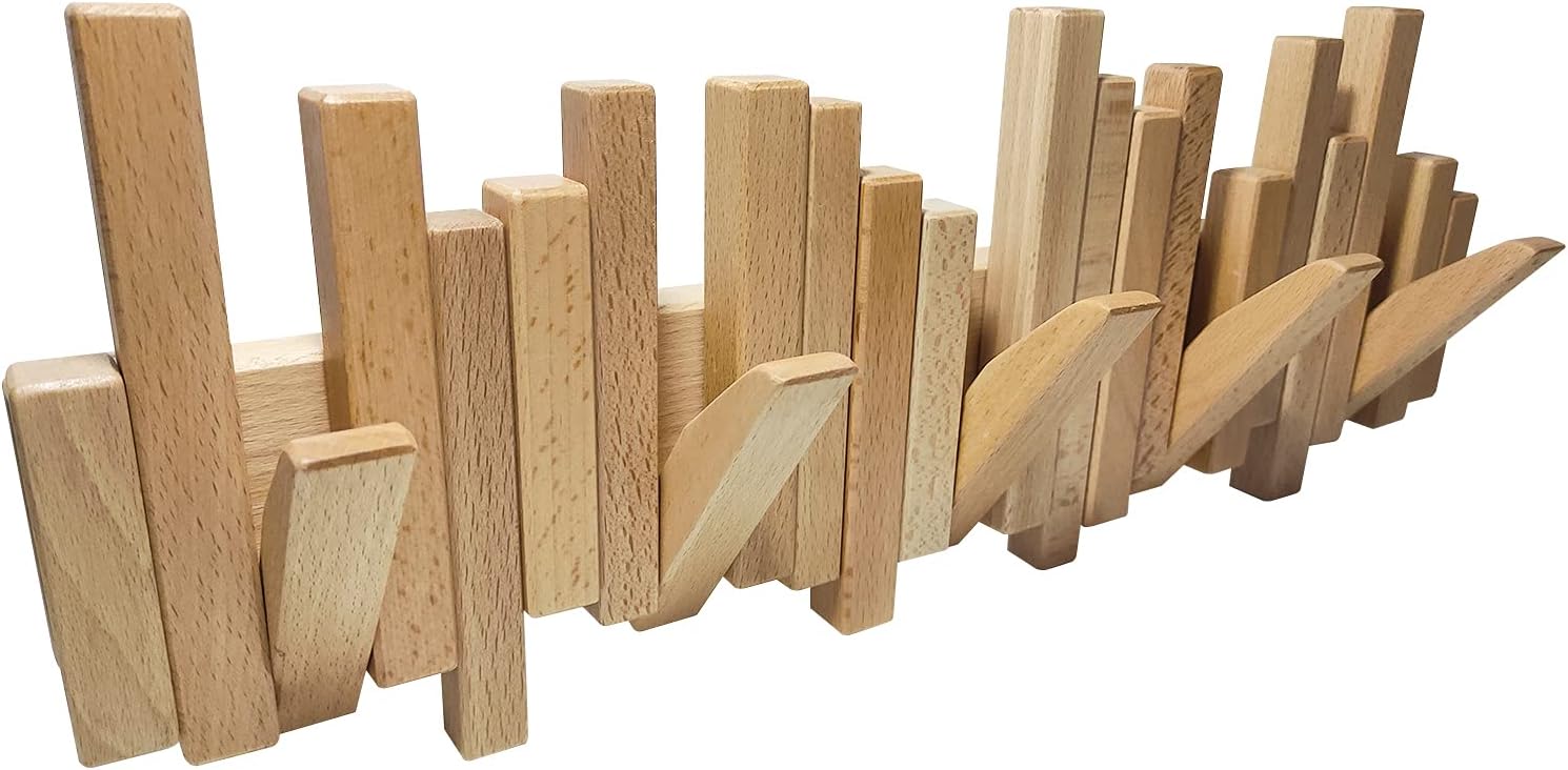 Desainoph Wooden Coat Rack Wall Mounted Sticks Multi Rack Solid Handmade Natural Wood Artwork with 5 Flip-Down Unique Modern Hooks for Coats Bag Hat Umbrella