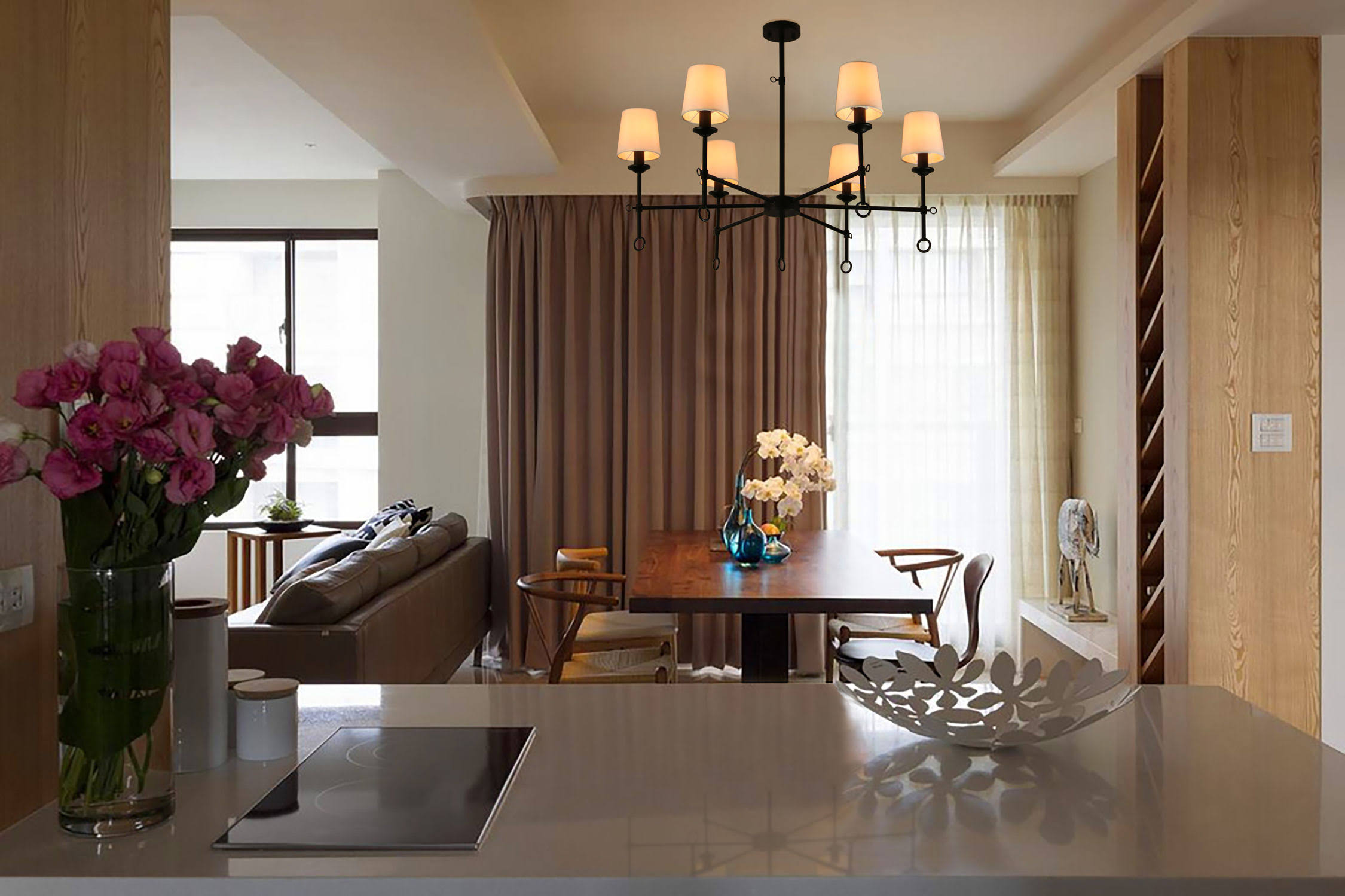 Canyon Home 6 Shade Chandelier Light Bamboo Lampshades and Matte Black Steel