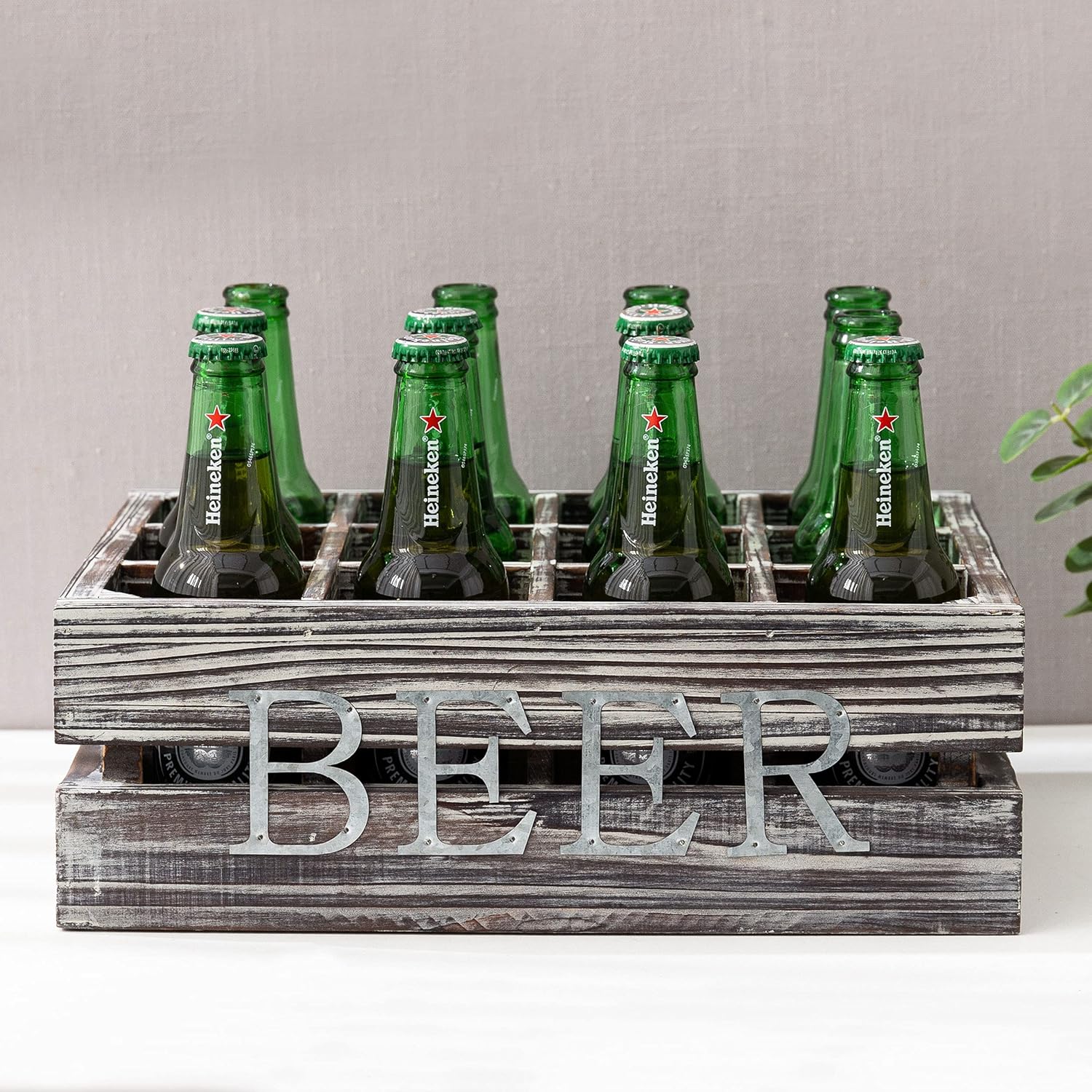 MyGift 12 Slot Rustic Torched Wood Beer Bottle Crate, Beverage Carrier Caddy with Side Handles Pack of 2