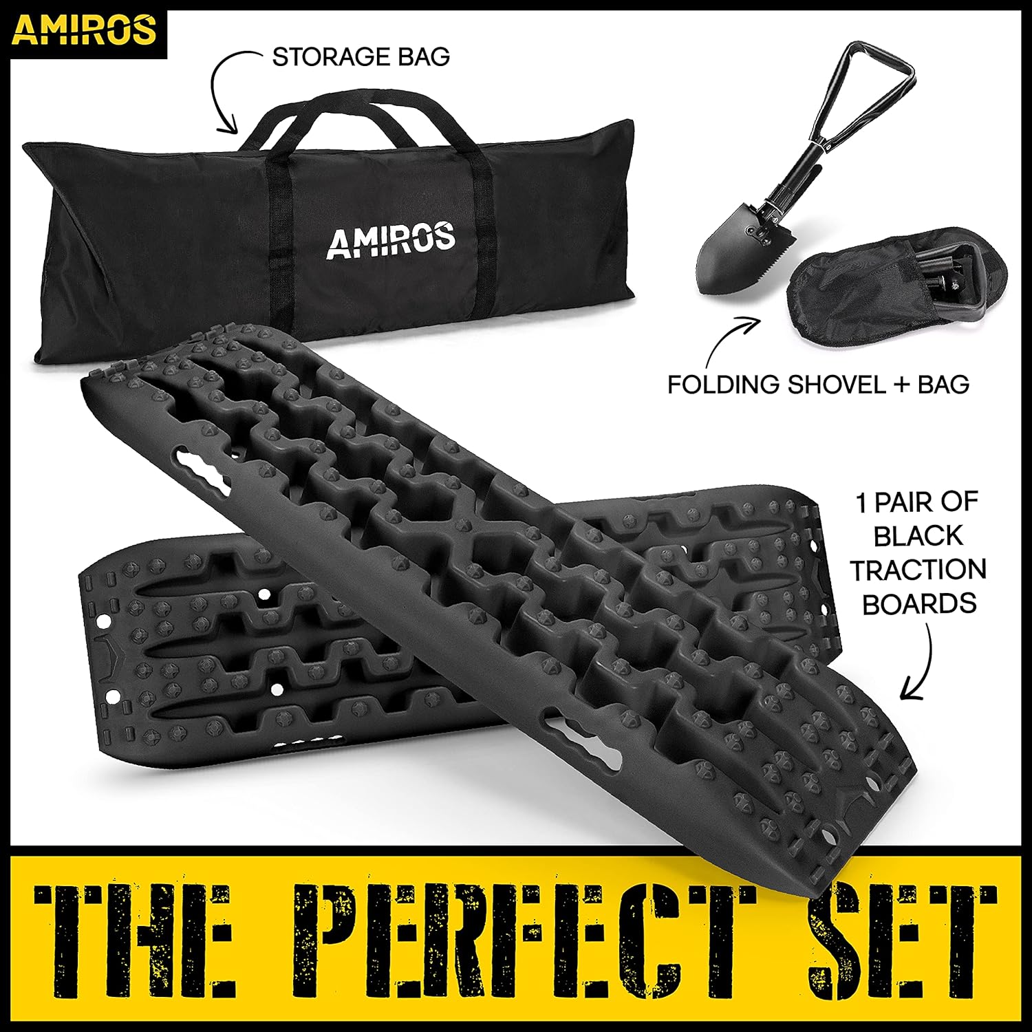 AMIROS Traction Board for Recovery Road Tire & Folding Shovel - Snowboards Offroad Accessories, 4x4 Truck Gear Kit, Sand & Mud Track Mount - 10T Capacity, Set of 2 Tracks with 1 Trowel & Travel Bag