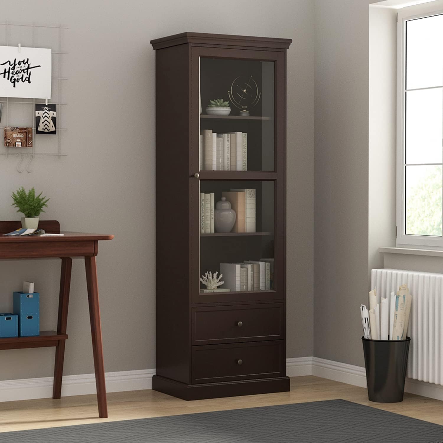 ECACAD 3-Tier Tall Bookcase Storage Cabinet with Glass Door & 2 Drawers, Wooden Bookshelf Display Cabinet for Living Room, Office, Espresso (23.6&rdquo;L x 15.7&rdquo;W x 70.9&rdquo;H)