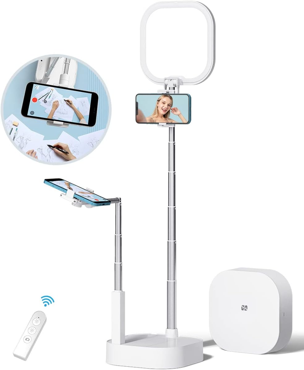 yAyusi Phone Stand for Recording,360° Rotation with Selfie Stands and Phone Holders,Content Creator Kit,3600mAh Battery Operated 15 Brightness LED Light for Live Streaming/YouTube/Video Recording Pack of 2