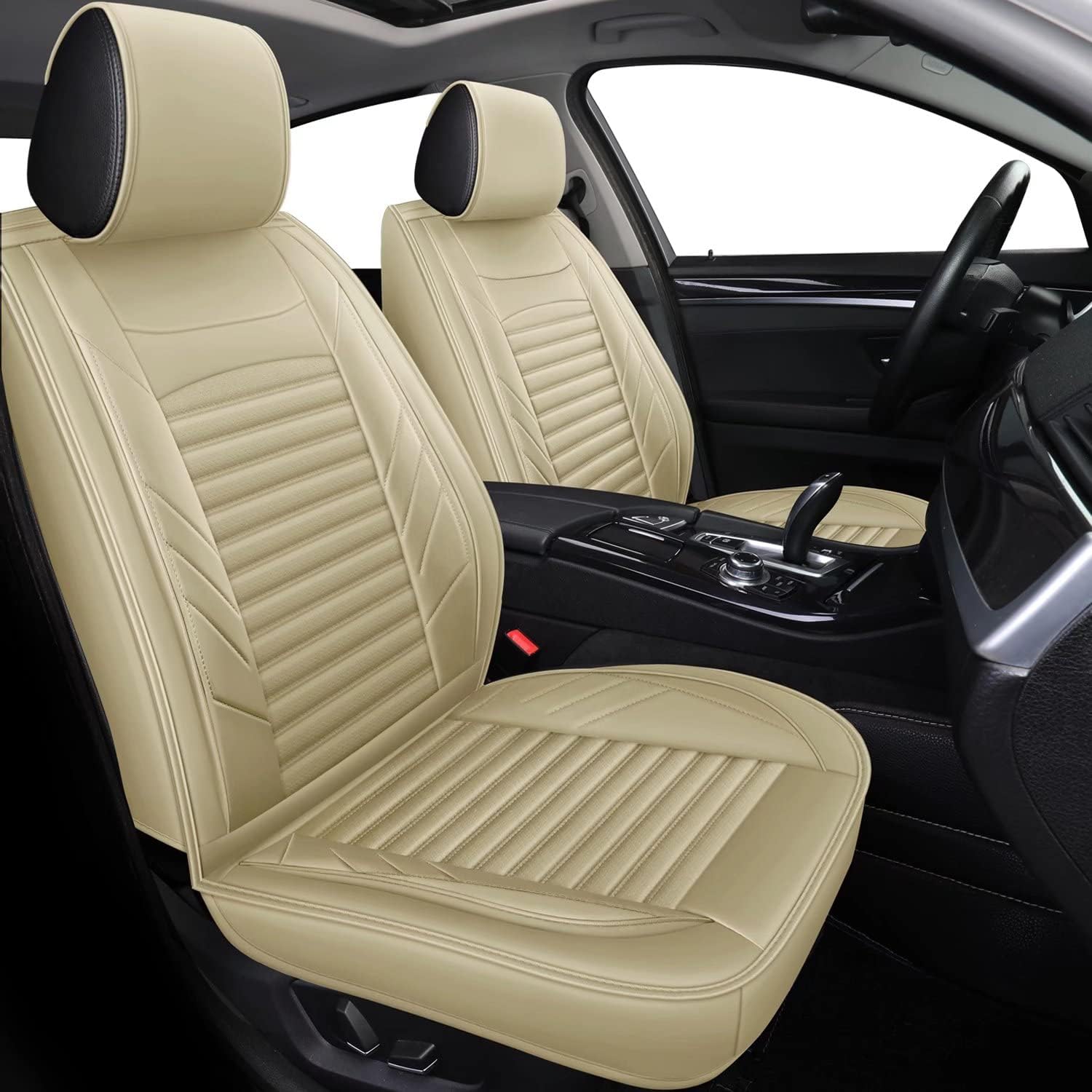 LEIOIAIY Car Seat Cover Full Set Beige and Red Leather Car Seat Covers Auto Cushion Covers Universal Fit for Cars SUV Automotive Interior Accessories (5-Pcs Full Set, Beige)