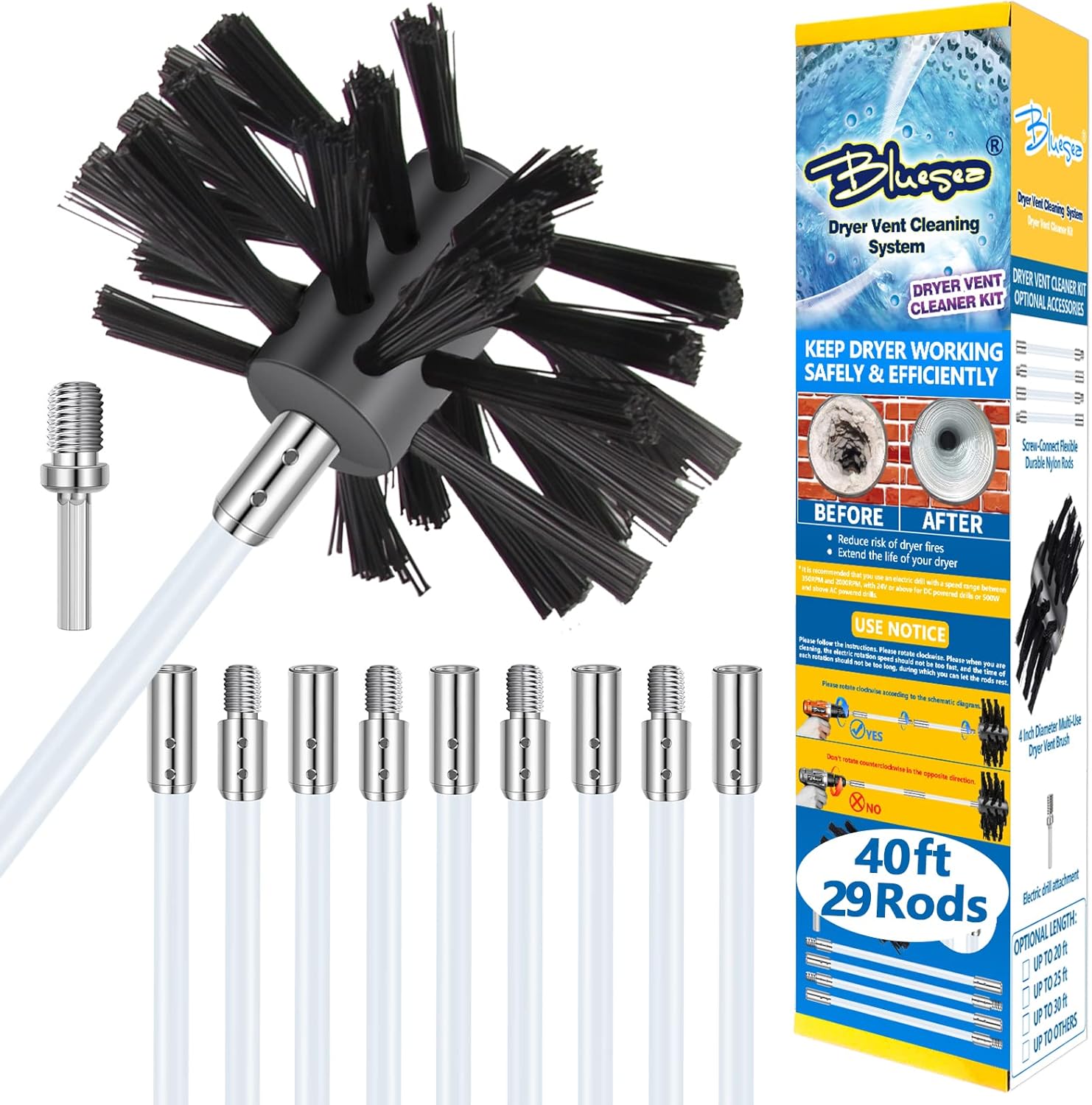 Bluesea 40 Feet Dryer Vent Cleaning Kit, Lint Removes, Extends Up to 40 Feet, Dryer Vent Cleaning System, Dryer Vent Cleaner Kit Vacuum Attachment with Lint Trap Brush, Vacuum Adapter, Dryer Adapter Pack of 2