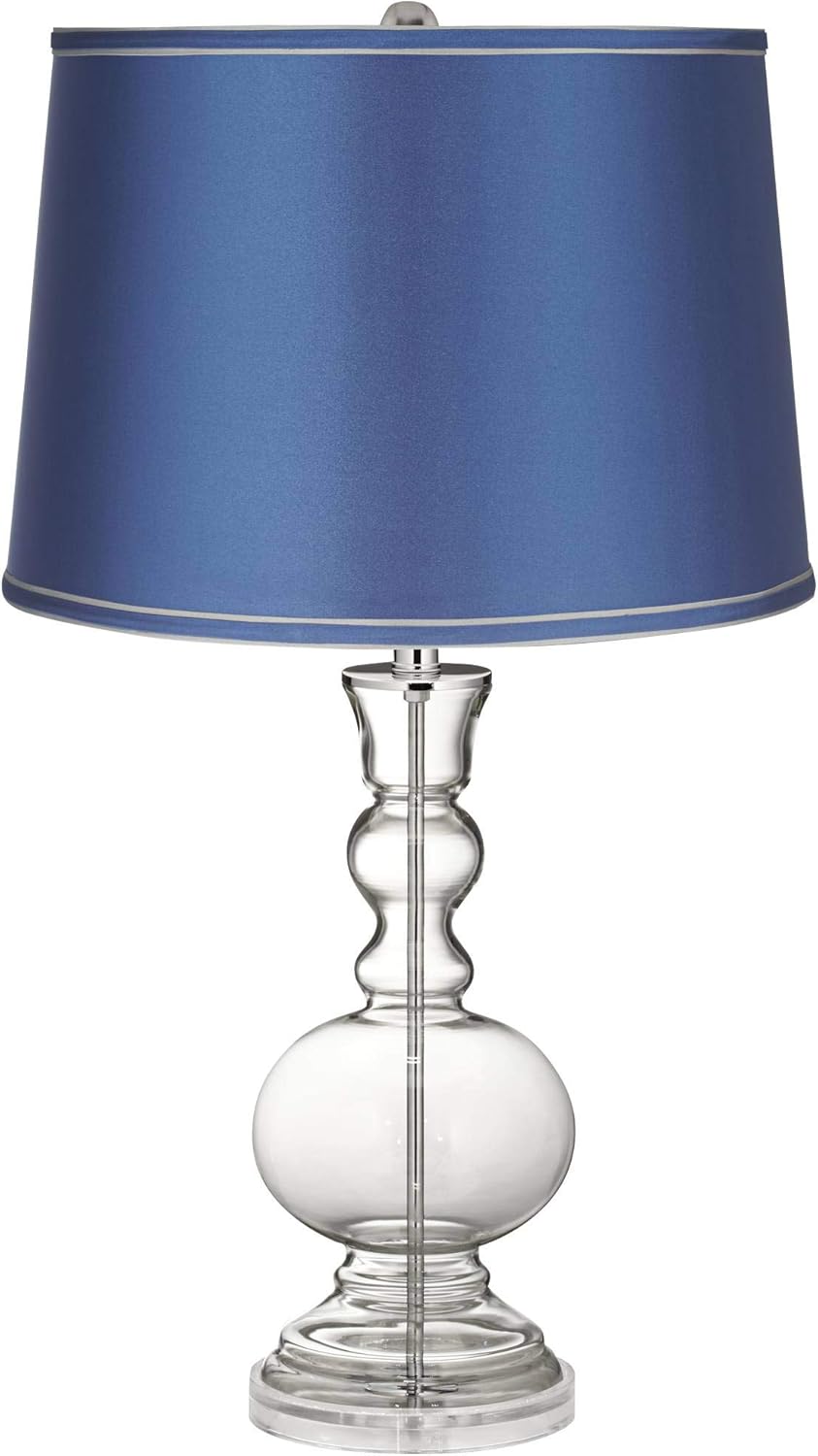 Modern Contemporary Table Lamp Decor Fillable Clear Glass Apothecary Blue Satin Drum Shade for Living Room Bedroom Beach House Bedside Nightstand Home Office Reading Family - Color + Plus