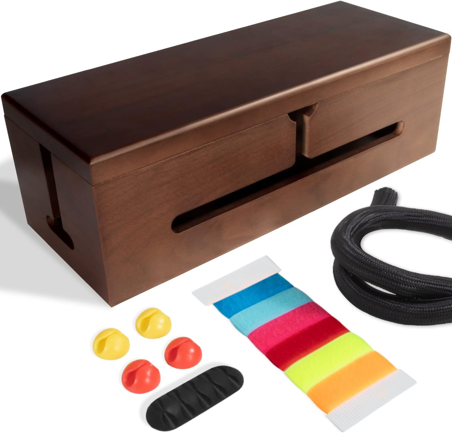HomeBliss Walnut Wood Large Cable Management Box - Stylish Cord Organizer Cable Management Box for Cord Hider and Cord Management - Cable Organizer Box with Protector Cable Sleeve Pack of 2
