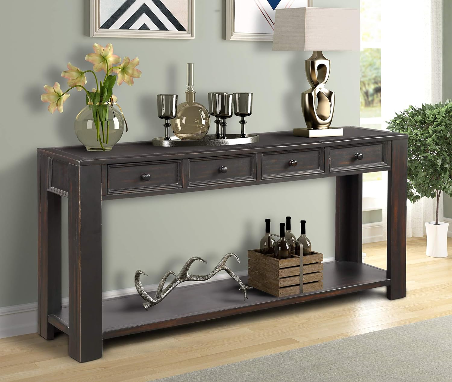 Console Sofa Table for Living Room, WeYoung Wood Entryway Table with Storage Drawers and Bottom Shelf 64