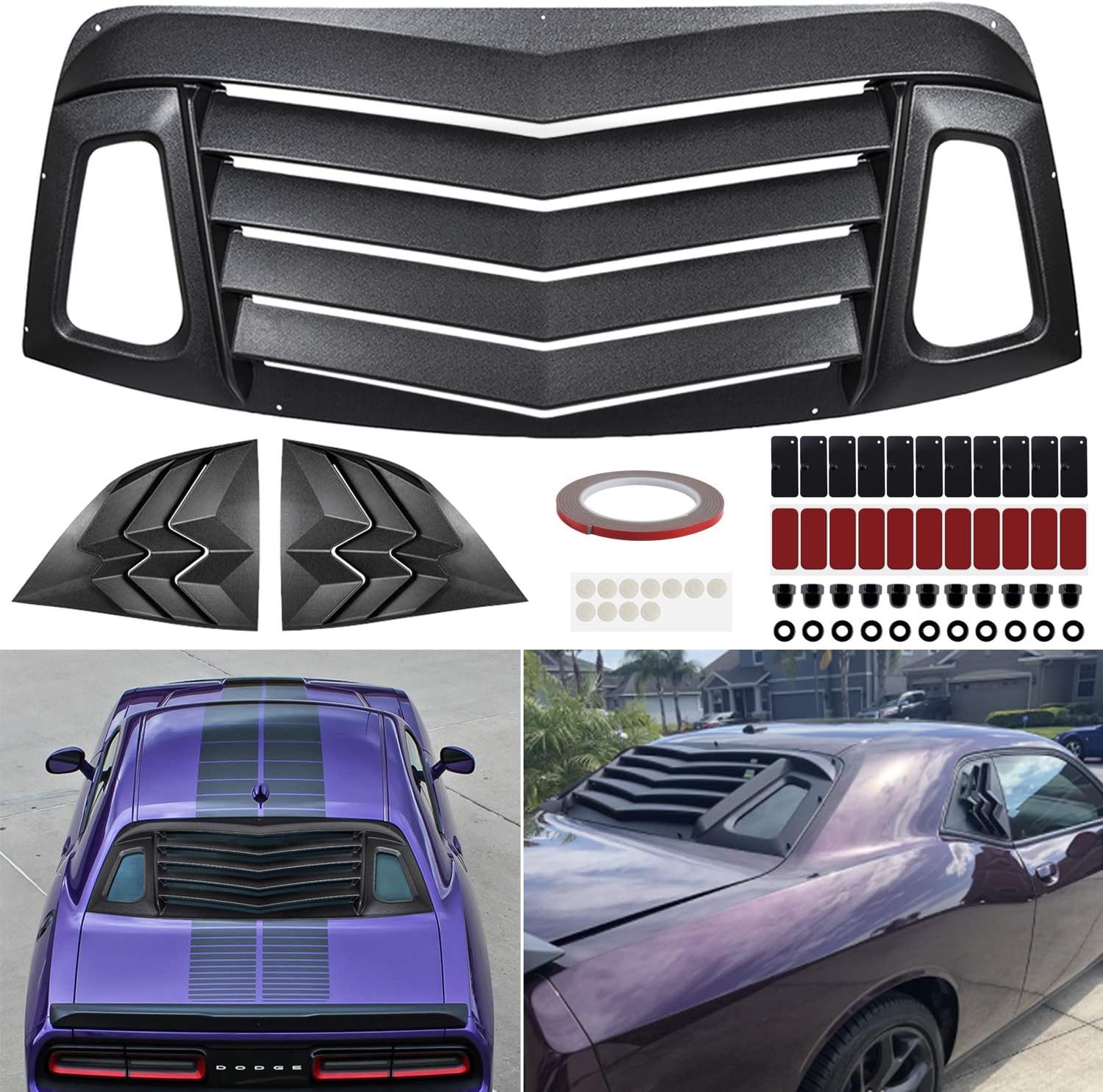 Rear + Side Window Louver Windshield Sun Shade Cover ABS Fits for Challenger 2008 2009 2010 2011 2012 2013 2014 2015 2016 2017 2018 2019 2020 2021 Custom Fit (Matte Black)