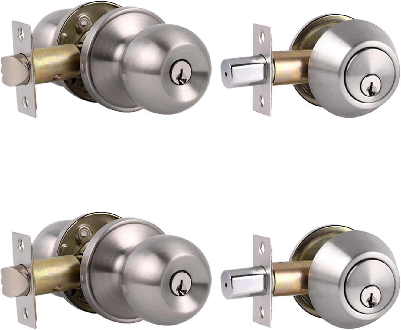 6 Pack -Brushed Nickel Entry Knob and Single Cylinder Deadbolts,Keyed Alike Entry Handleset for Front Entrance Door,Deadbolts and Door knobs,Entry Knobs Door Handle Set