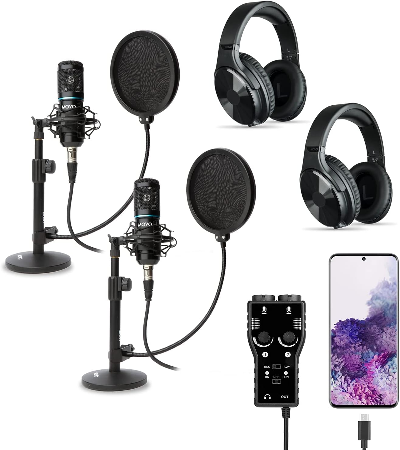 Movo Smartphone Podcast Microphone Bundle for Android Devices - 2 Condenser Microphone, 2 Desktop Mic Stand, 2 Studio Headphones, Dual Channel XLR USB-C Interface - Studio Microphone for Streaming Kit