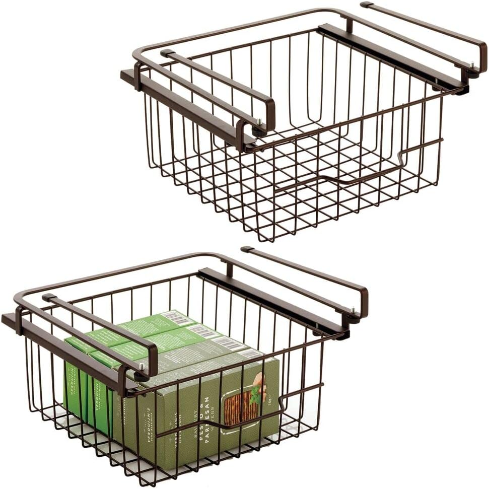 mDesign Large Metal Wire Hanging Pullout Drawer Basket - Sliding Under Shelf Storage Organizer - Attaches to Shelving - Easy Install - 2 Pack - Silver Pack of 2