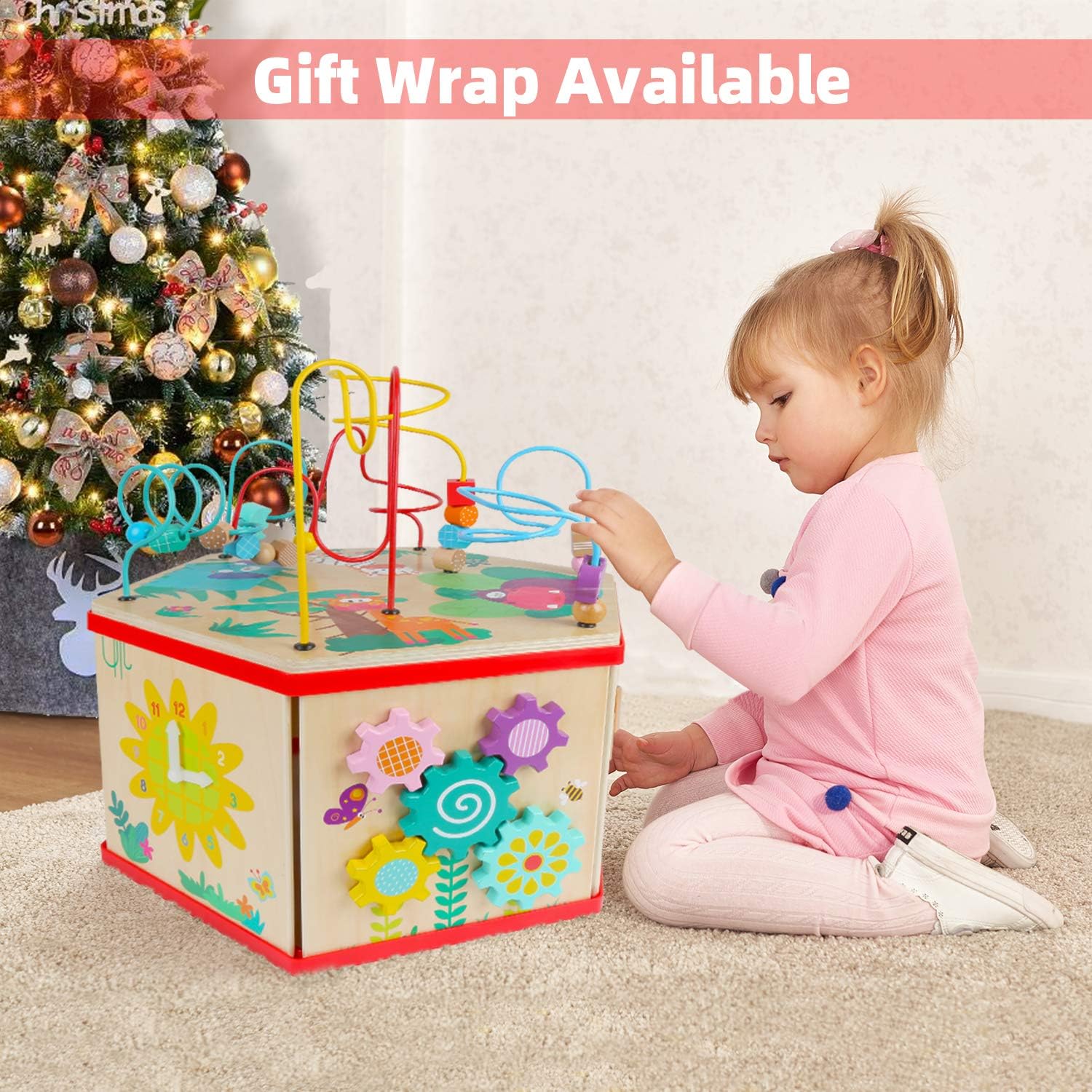 Wooden Activity Cube - Bead Maze Toy Gear for Toddler Kid, Counting Toys for 1year Old Baby Girls Gift