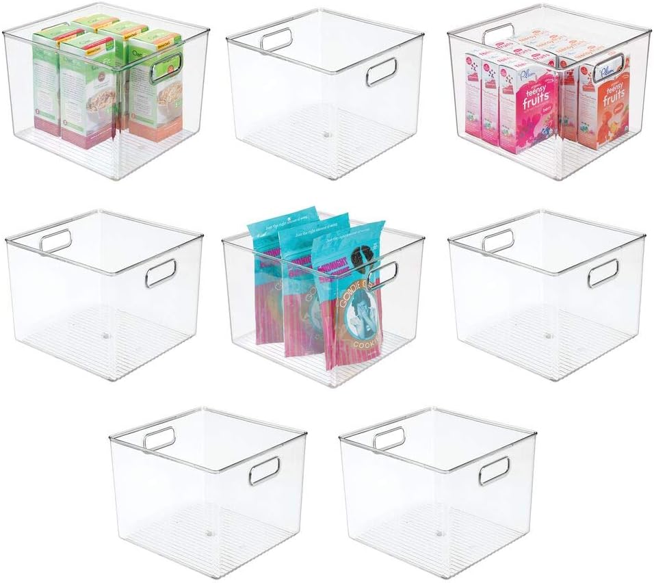 mDesign Plastic Modern Stackable Storage Organizer Bin Basket with Handle for Home Kitchen Organization - Shelf, Cubby, Cabinet, and Closet Organizing Decor - Ligne Collection - 8 Pack - Clear