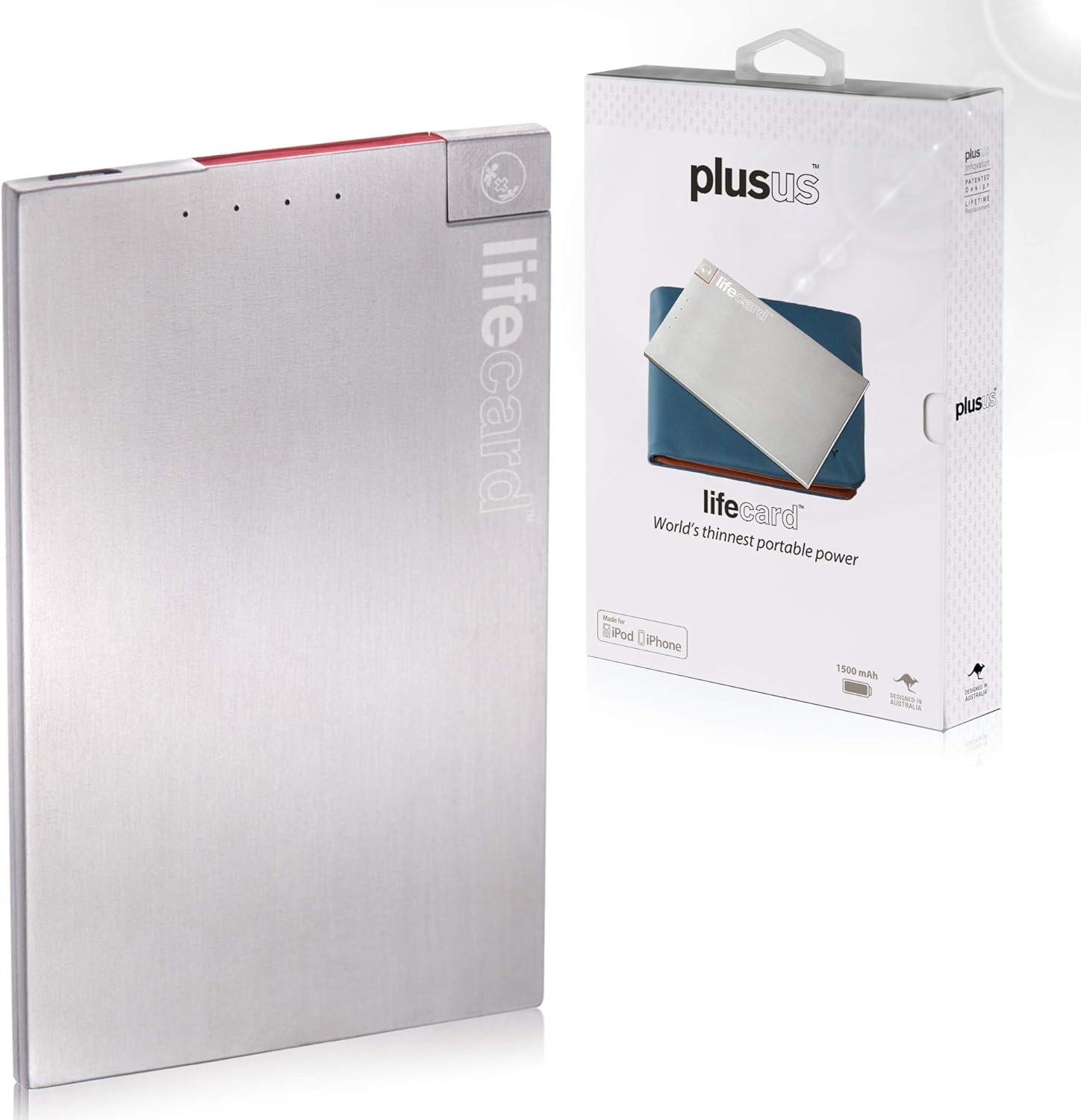 PlusUs LifeCard World's Thinnest Power Bank - Card Size, Fits Like a Card, Built-in MFI Lightning Cable Pack of 2