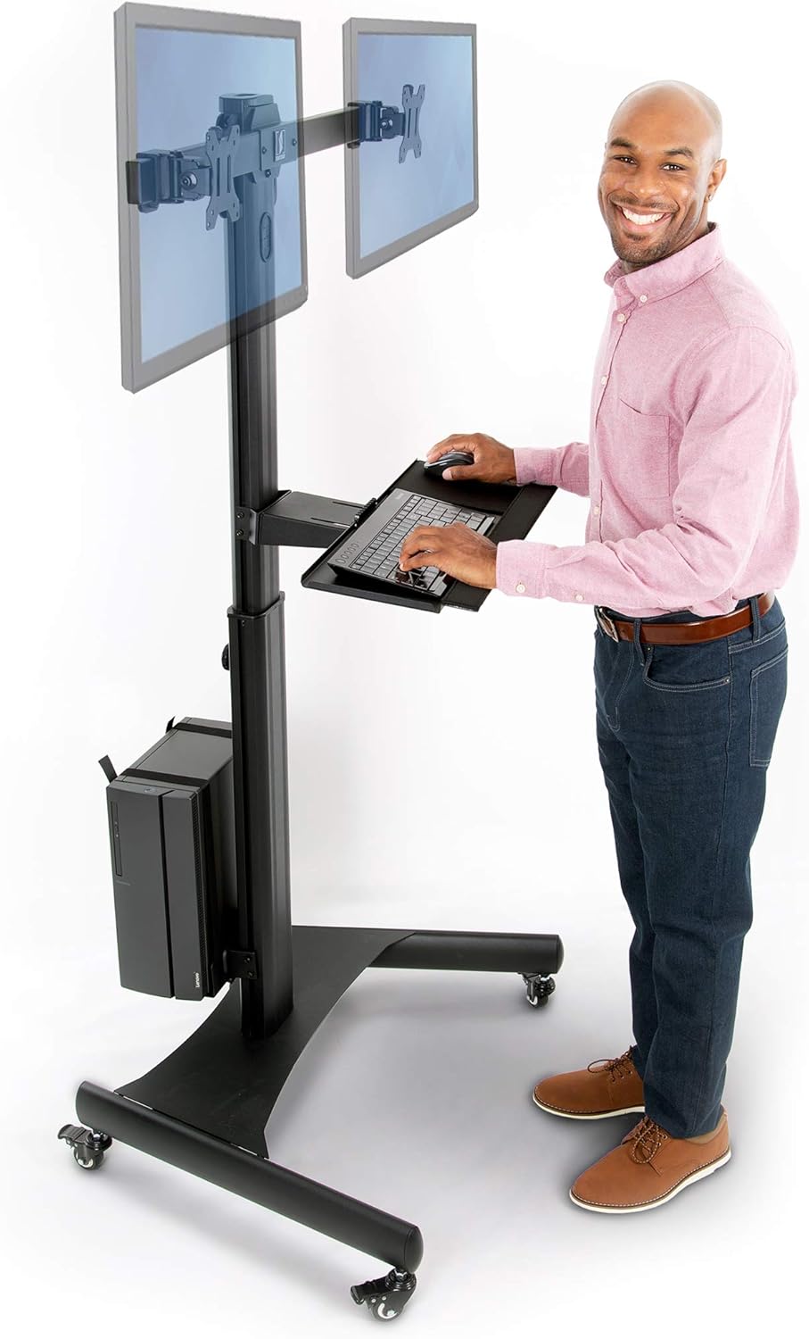 Stand Steady Dual Monitor Mobile Workstation with Keyboard Tray, CPU Holder and Locking Wheels | Height Adjustable VESA Mounts for Two Monitors | Supports Screens from 13 to 32 Inches (Black)
