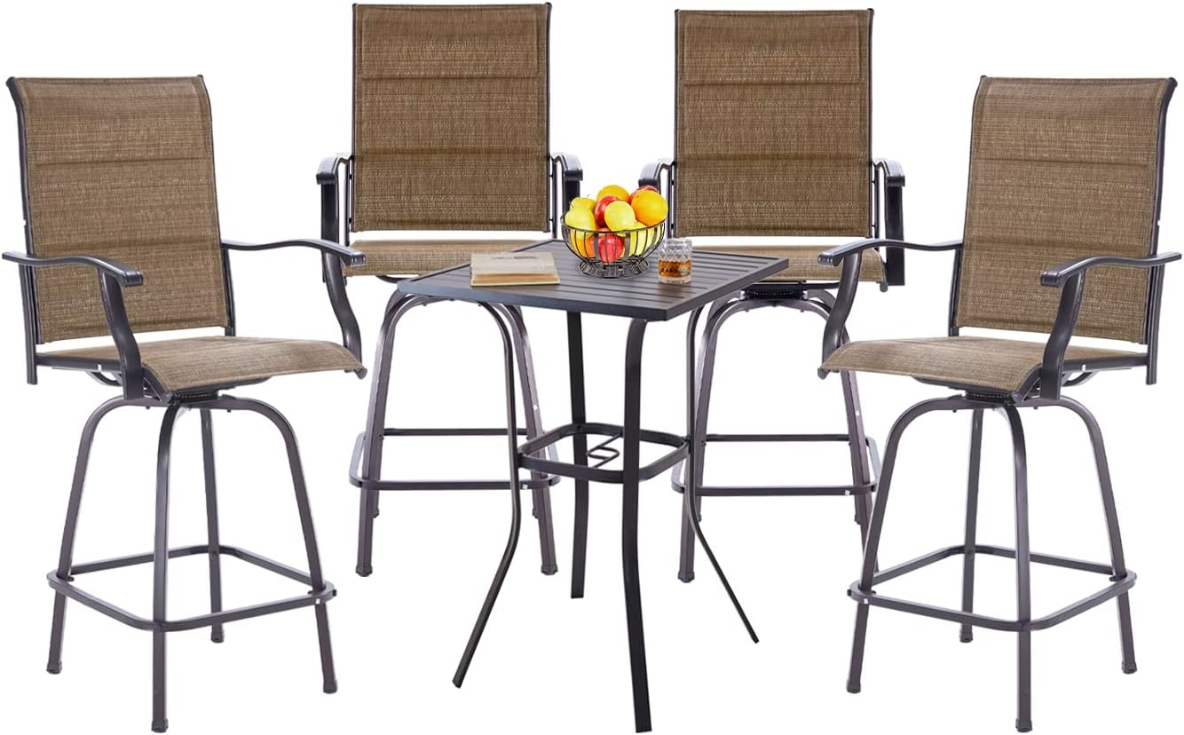 VICLLAX Outdoor Patio Swivel Bar Set, 3 Pieces Set Outdoor Patio Furniture, Metal Bistro Set, Patio Bar Height Table and Chairs, Black Frame