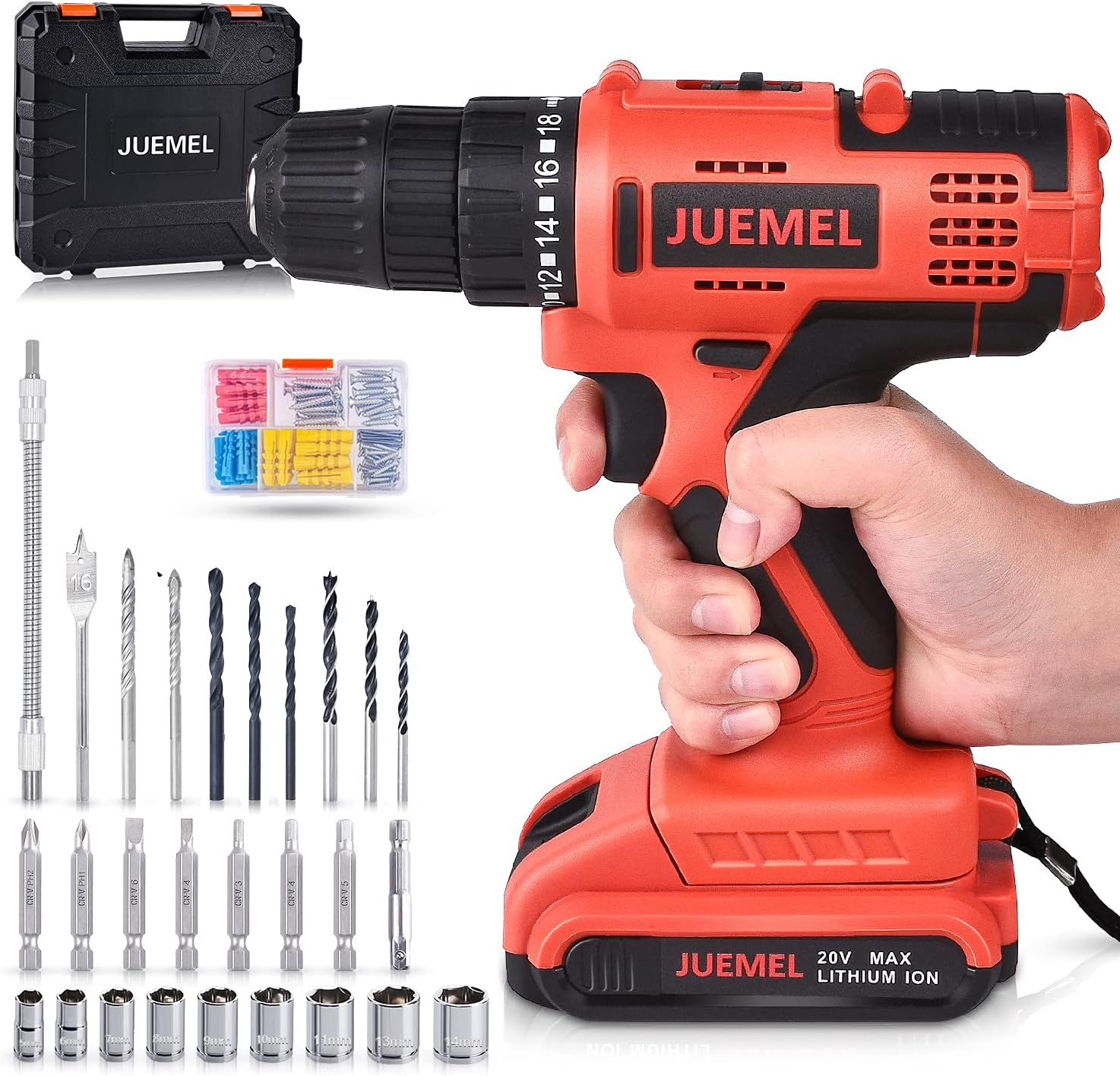 20V Cordless Drill Driver with 100Pcs Accessories Portable Electric Power Drill Set, 2-Speed Variable Trigger, 3/8'' Keyless Chuck, 18+1 Clutch and 2Ah Lithium-Ion Battery
