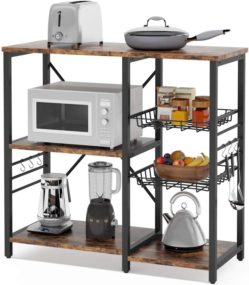 Tribesigns Kitchen Cart Baker’s Rack, Microwave Oven Stand Industrial Utility Storage Shelf Organizer Rustic Coffee Bar with Wire Basket and 6 Hooks