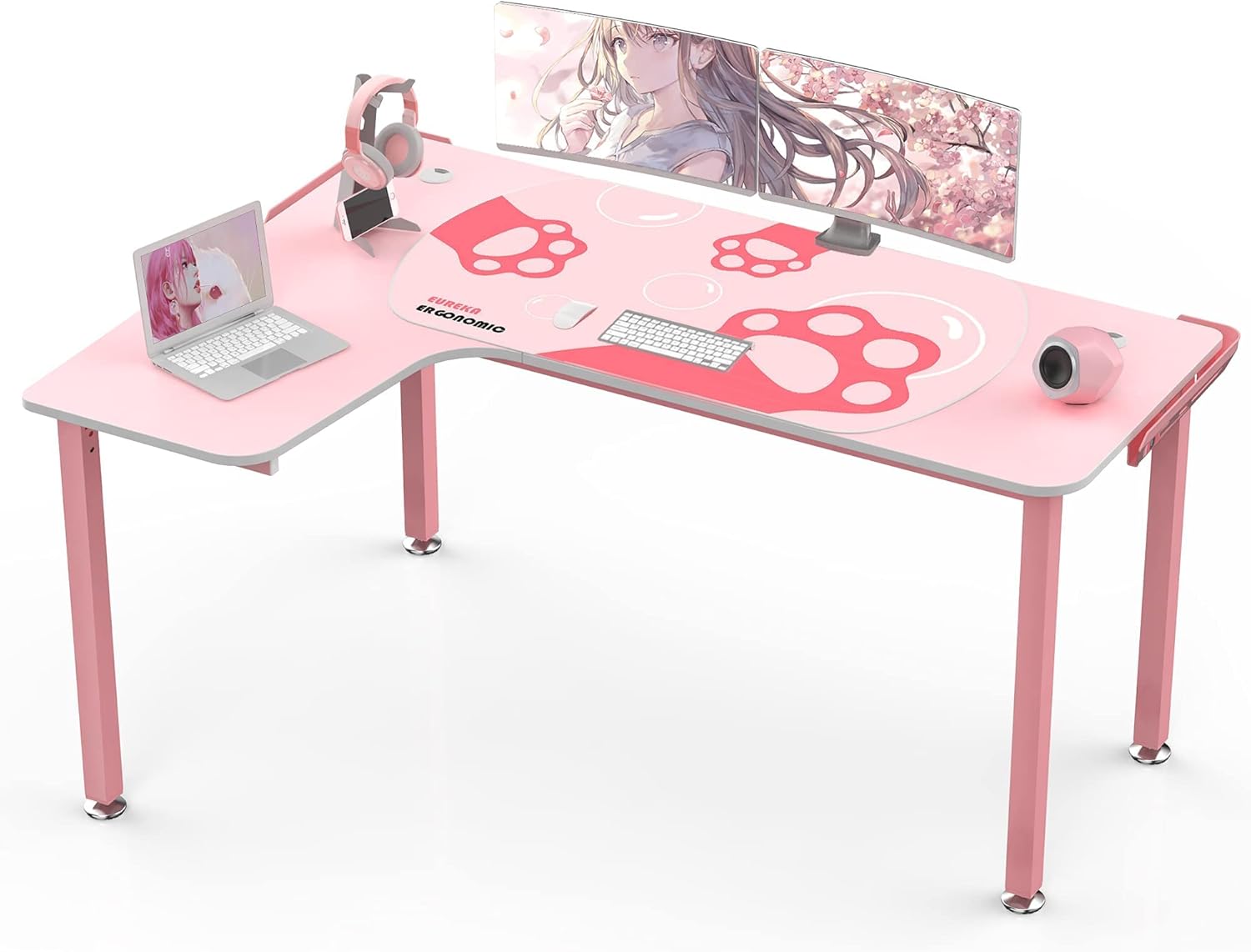 EUREKA ERGONOMIC Gaming Desk,60 Inch Pink L-Shaped Computer Desk, Corner Desk Gamer Desk Game Table with Free Mouse Pad for Girls Home Office Wood & Metal Space-Saving,Easy to Assemble,Pink