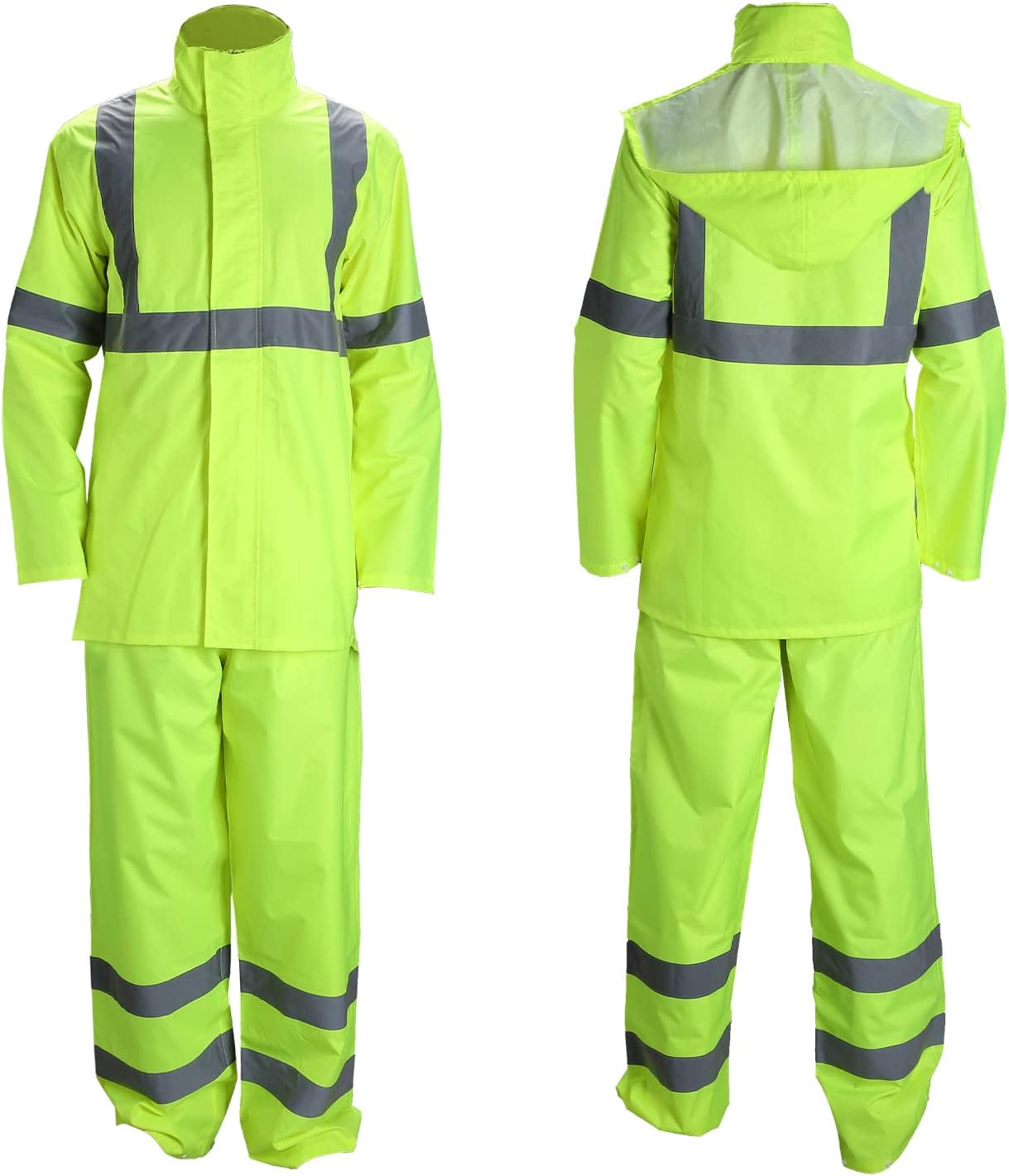 Class 3 High Visibility Rain Suit With Collapsible Hood Lime Reflective Safety Waterproof Worker Jacket & Pants (S/M Yellow)