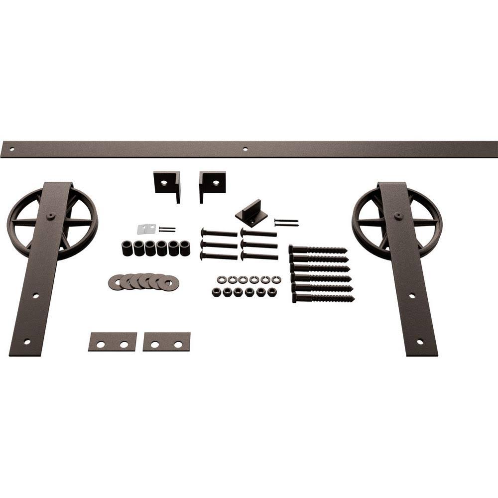 Premium Wagon Wheel Strap Barn Door Hardware Set w/ 6& Track for 1 3/8x22 Doors, Bronze Texture