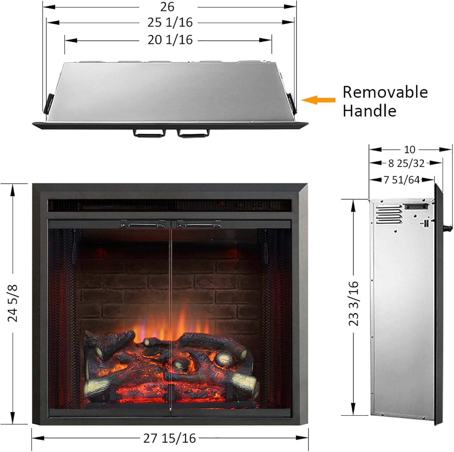 PuraFlame Klaus Electric Fireplace Insert with Fire Crackling Sound, Glass Door and Mesh Screen, 750/1500W, Black, 26 Inches Wide, 23 3/16 Inches High