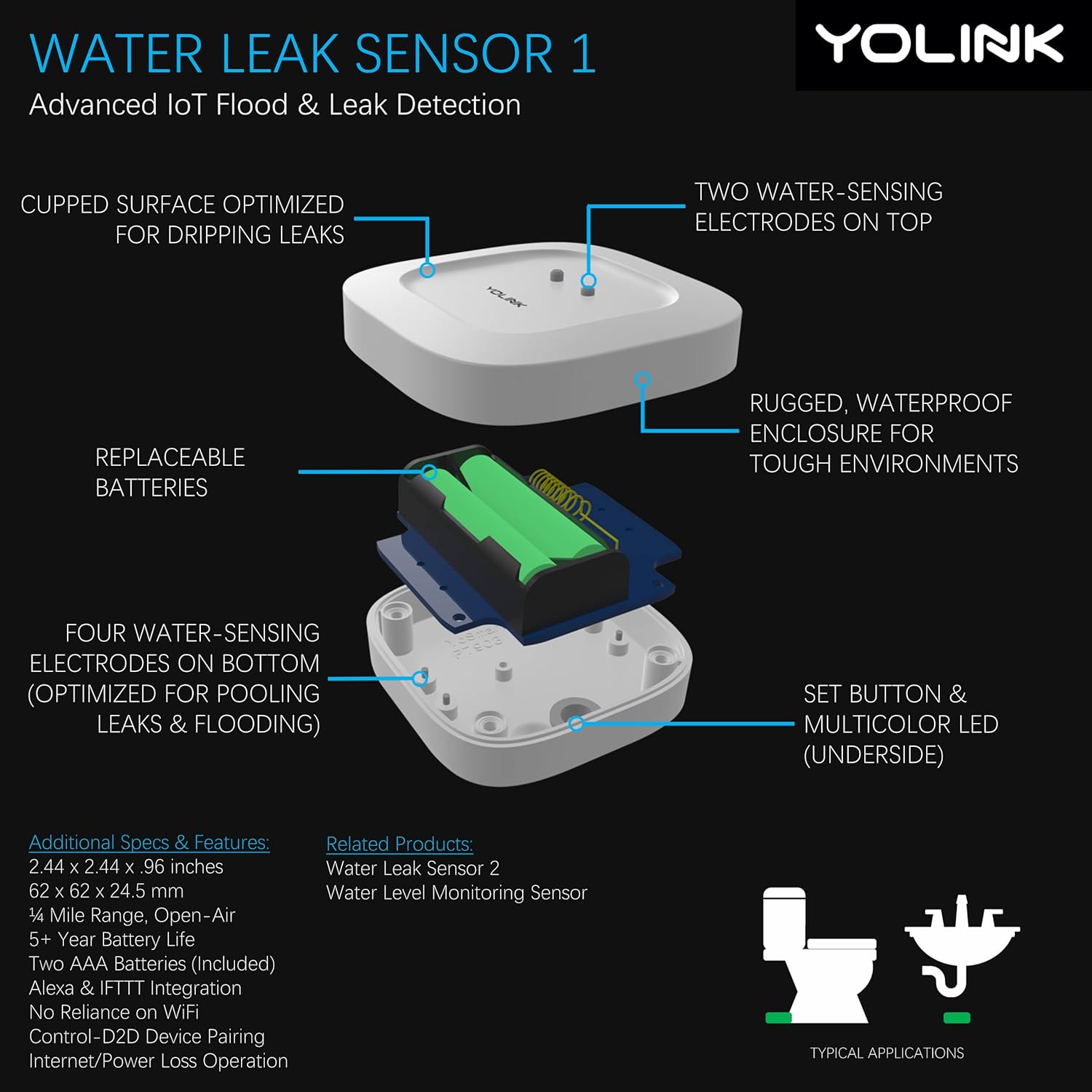 Smart Leak Sensors 2 Pack, YoLink 1/4 Mile World's Longest Range Wireless Smart Water Leak Sensor Compatible with Alexa and IFTTT Leak Detector with App Alerts and Remote Monitor, YoLink Hub Included