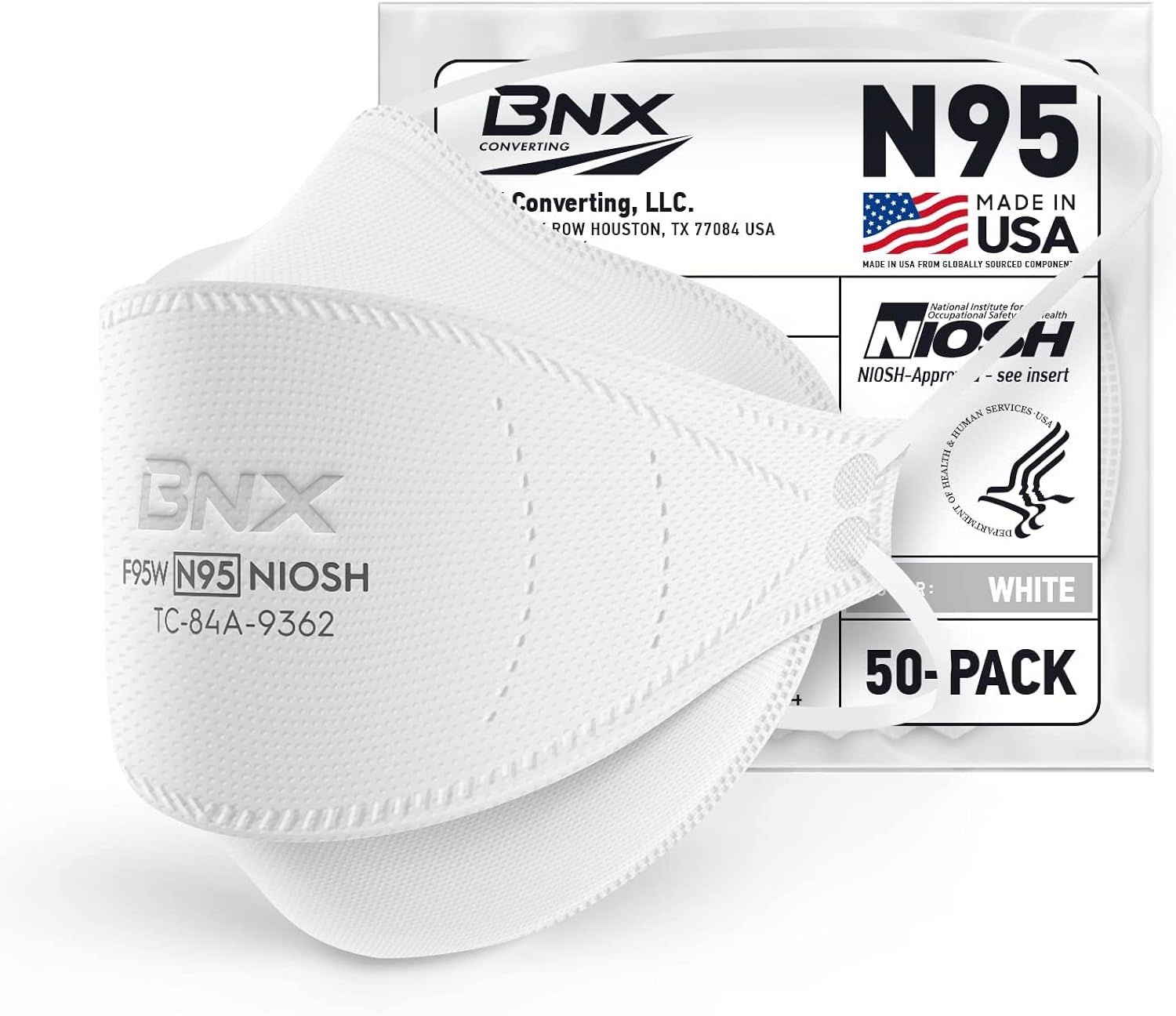 BNX N95 Mask NIOSH Certified MADE IN USA Particulate Respirator Protective Face Mask, Tri-Fold Cup/Fish Style, (50-Pack, Approval Number TC-84A-9362 / Model F95W) White