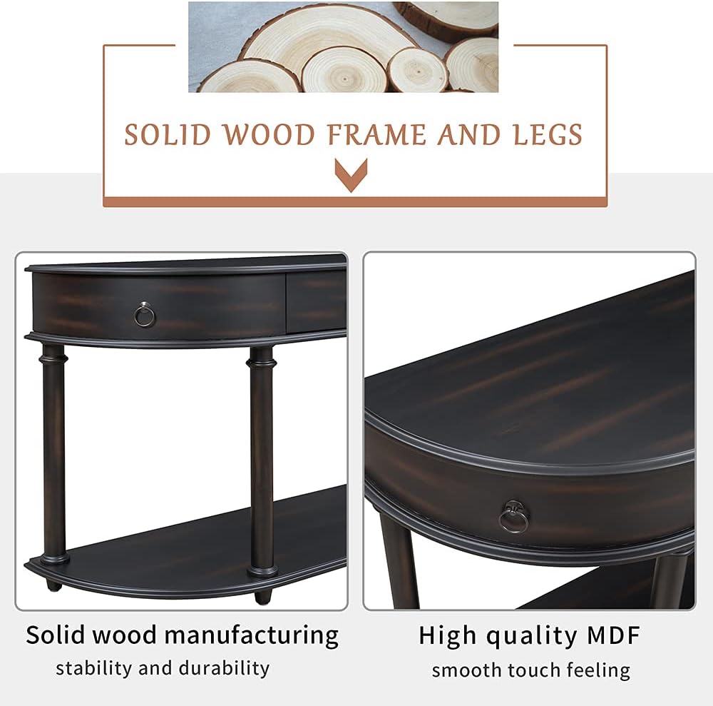 ECLENYES Curved Entryway Table,Retro Sofa Table,Entryway Console Table Solid Wood Frame and Legs with Single Drawer Half Moon Thin Entryway Table(Black)