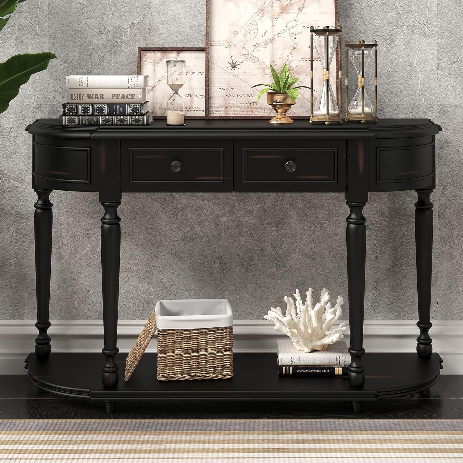 P PURLOVE Curved Console Table with Single Drawer, Retro Sofa Table with Solid Wood Frame and Legs, Half Moon Entry Table for Home Kitchen Entryway (Black)