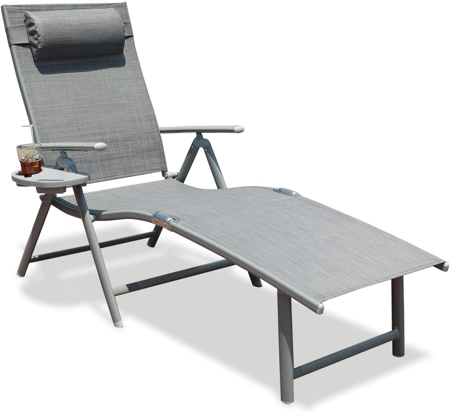 GOLDSUN Aluminum Outdoor Folding Reclining Adjustable Chaise Lounge Chair with Headrest and Tray for Backyard Beach Porch Patio Swimming Poolside (Single, Beige)