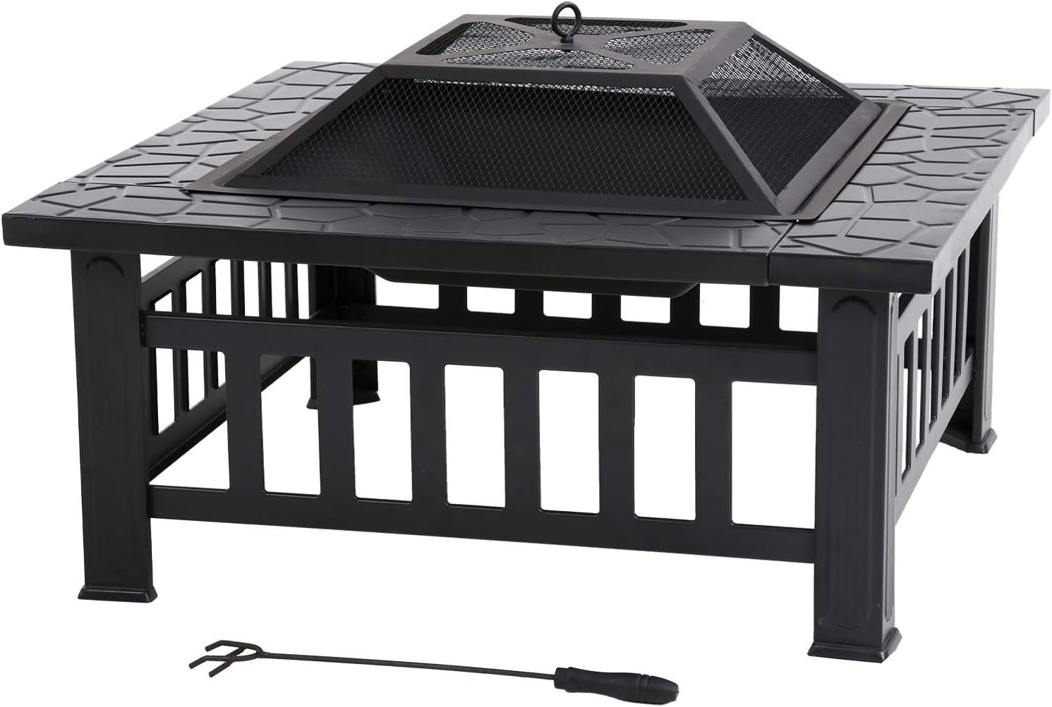 Outdoor Fire Pit 32 inch Square Metal Firepit for Patio Wood Burning Fireplace Garden Stove with Charcoal Rack, Poker & Mesh Cover for Camping Picnic Bonfire Backyard