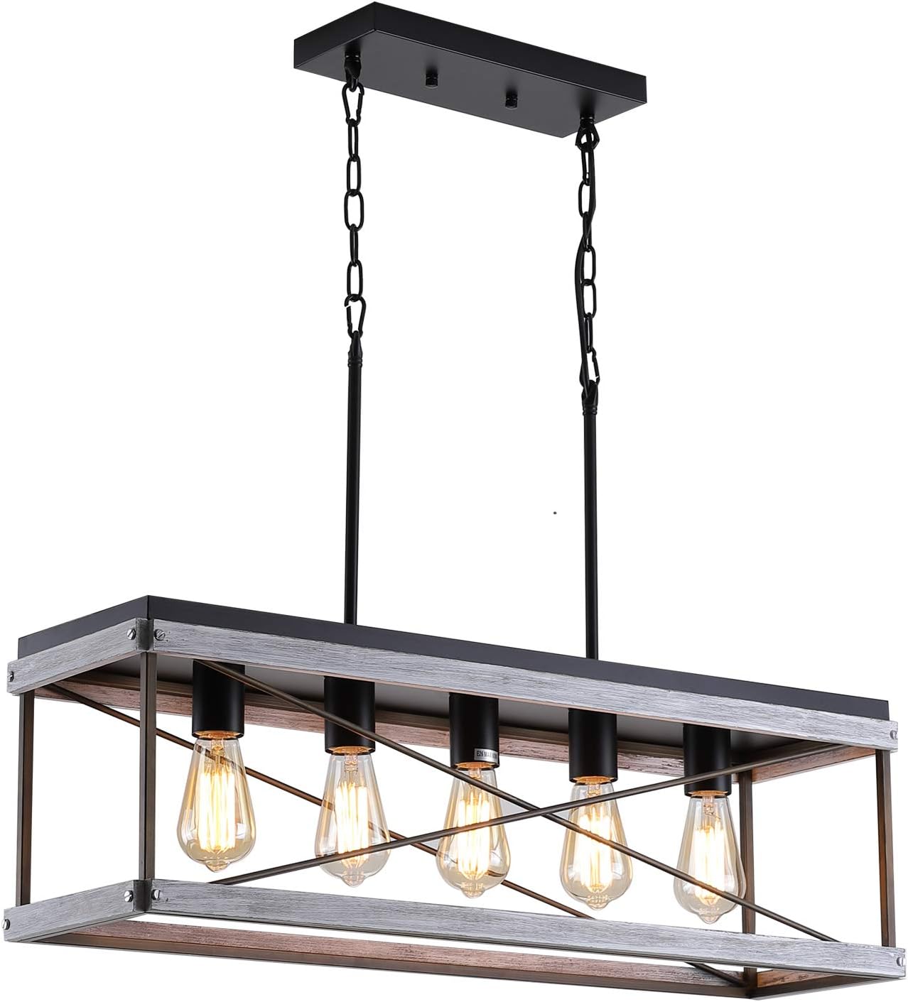 Rustic Farmhouse Kitchen Island Light, Wood and Metal Linear Chandelier, 5-Light Pendant Lighting Fixture for Kitchen Island Dining Room, Antique Gold and Black