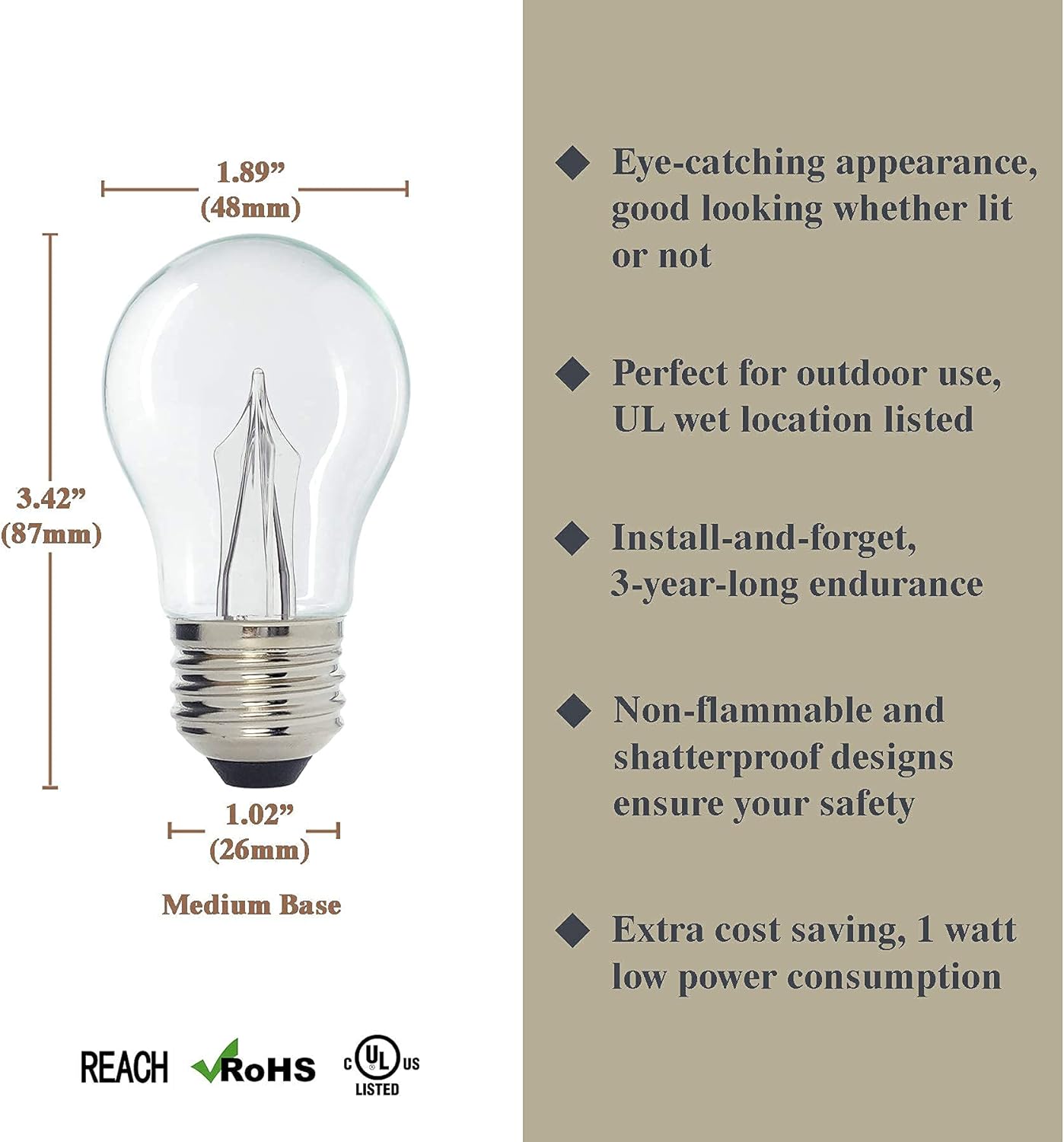 Patio / Marquee A15 LED Gentle Decorative Bulb, Warm White 2700K, Outdoor Waterproof Shatterproof, 1 W Low Wattage (10W Equivalent), E26 Medium Base, 25 Pack