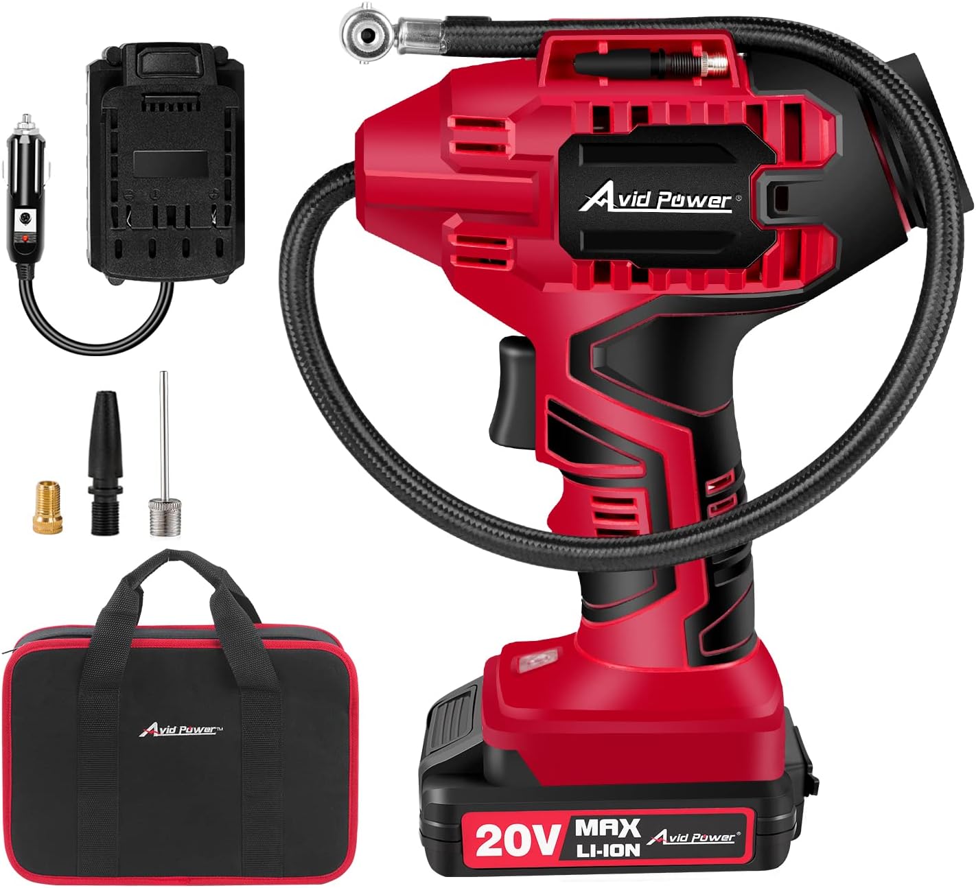 Avid Power Tire Inflator Air Compressor, 20V Cordless Car Tire Pump with Rechargeable Li-ion Battery, 12V Car Power Adapter, Digital Pressure Gauge Pack of 2