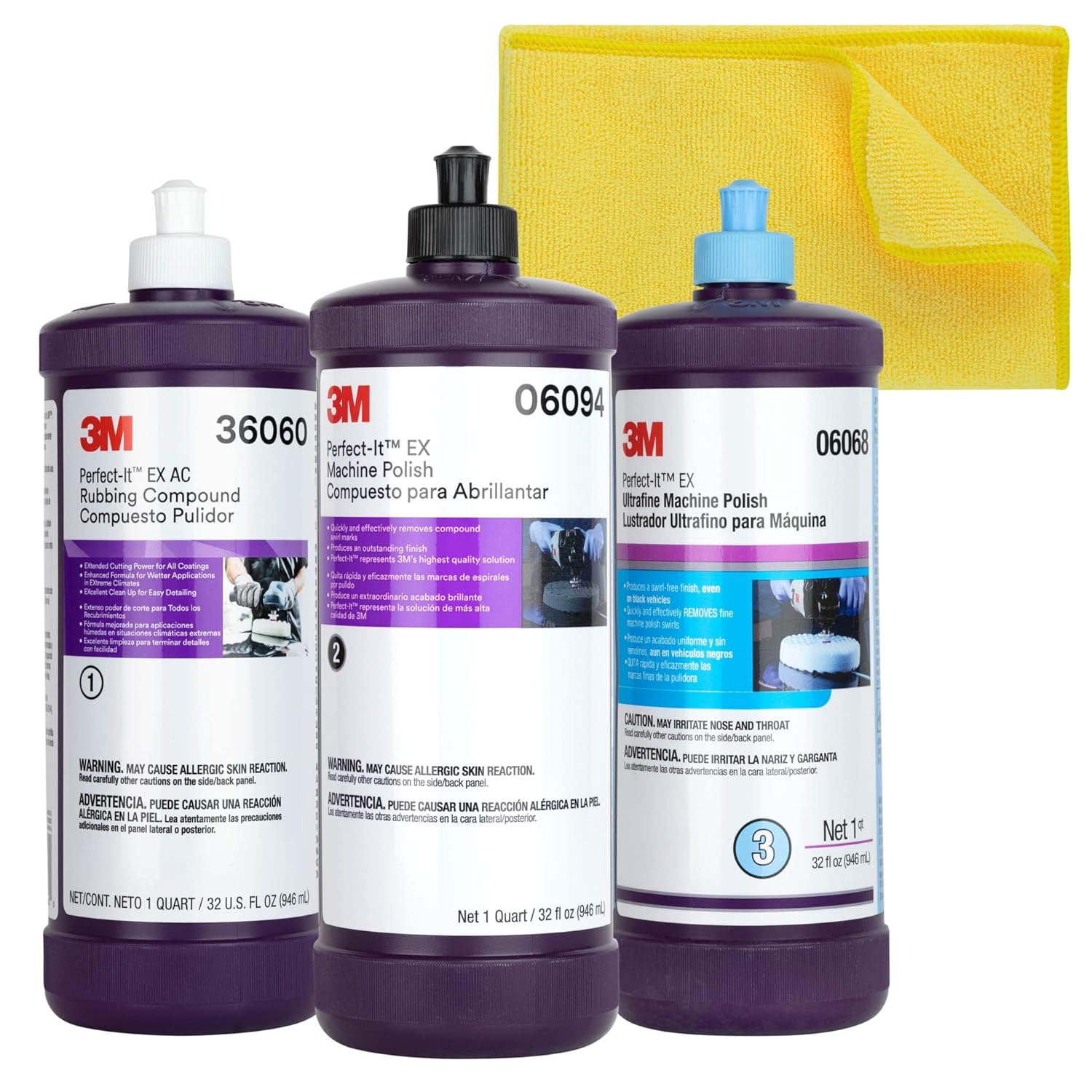3M Perfect It Buffing And Polishing Kit | 36060 06094 06068 3M Rubbing Compound, Machine Polish, Ultrafine Polish | Buffing Compound, Car Polishing Kit | Bundled With Kangaroobands Microfiber Cloth