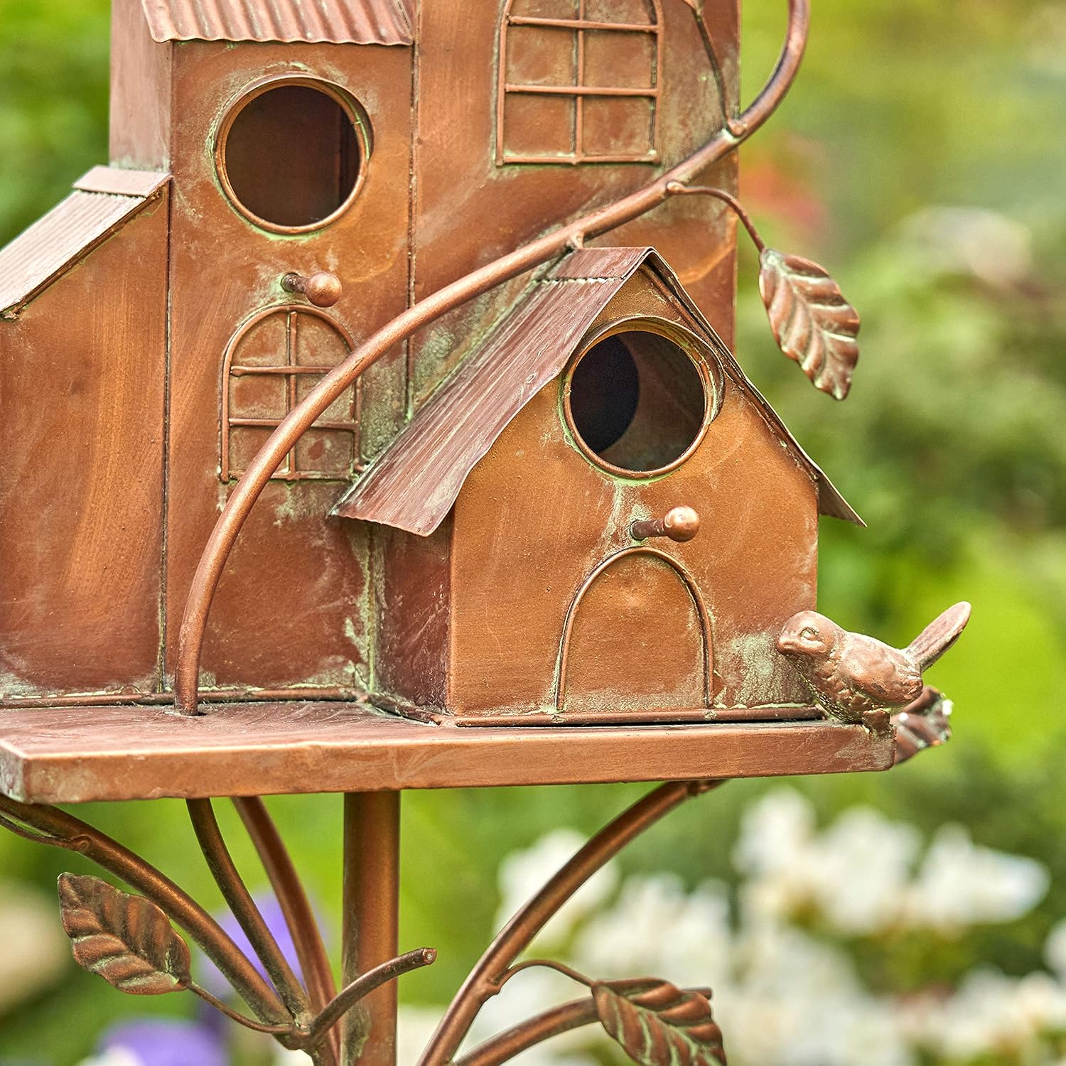Zaer Ltd. Large Copper Colored Multi-Birdhouse Stakes, Room for 4 Bird Families in Each (Castle Home)